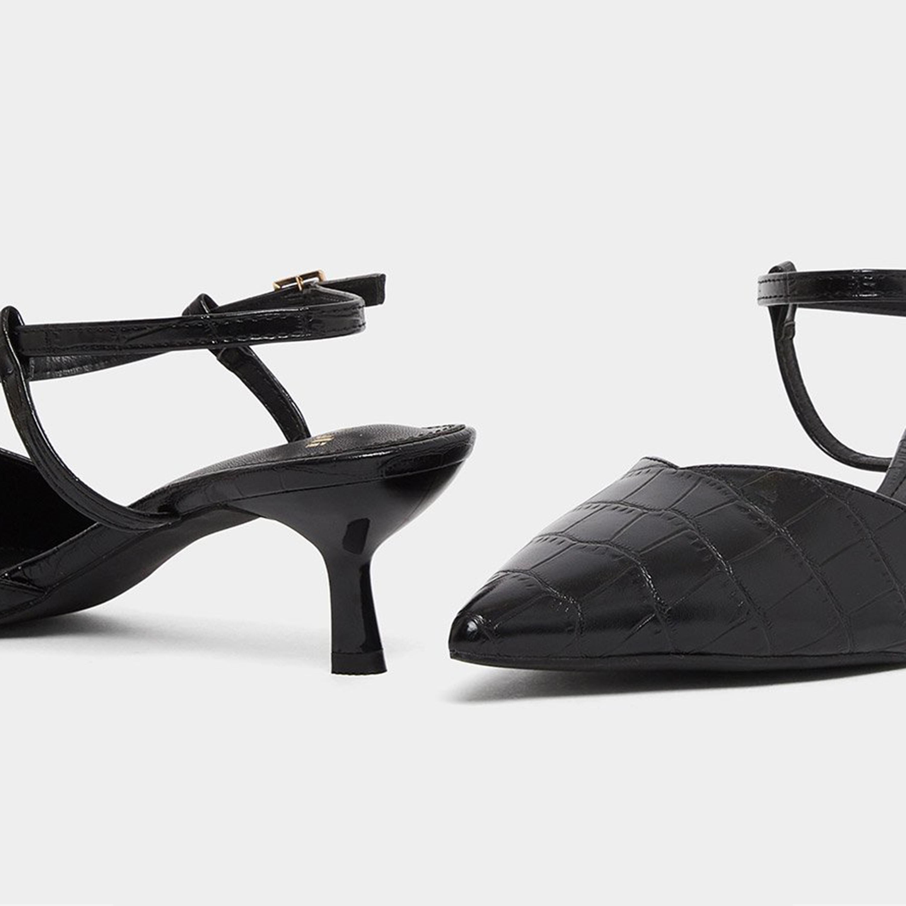 Styli Women Black Croc-Skin Textured Kitten Heel Shoes-women-shoes-heels-image-4