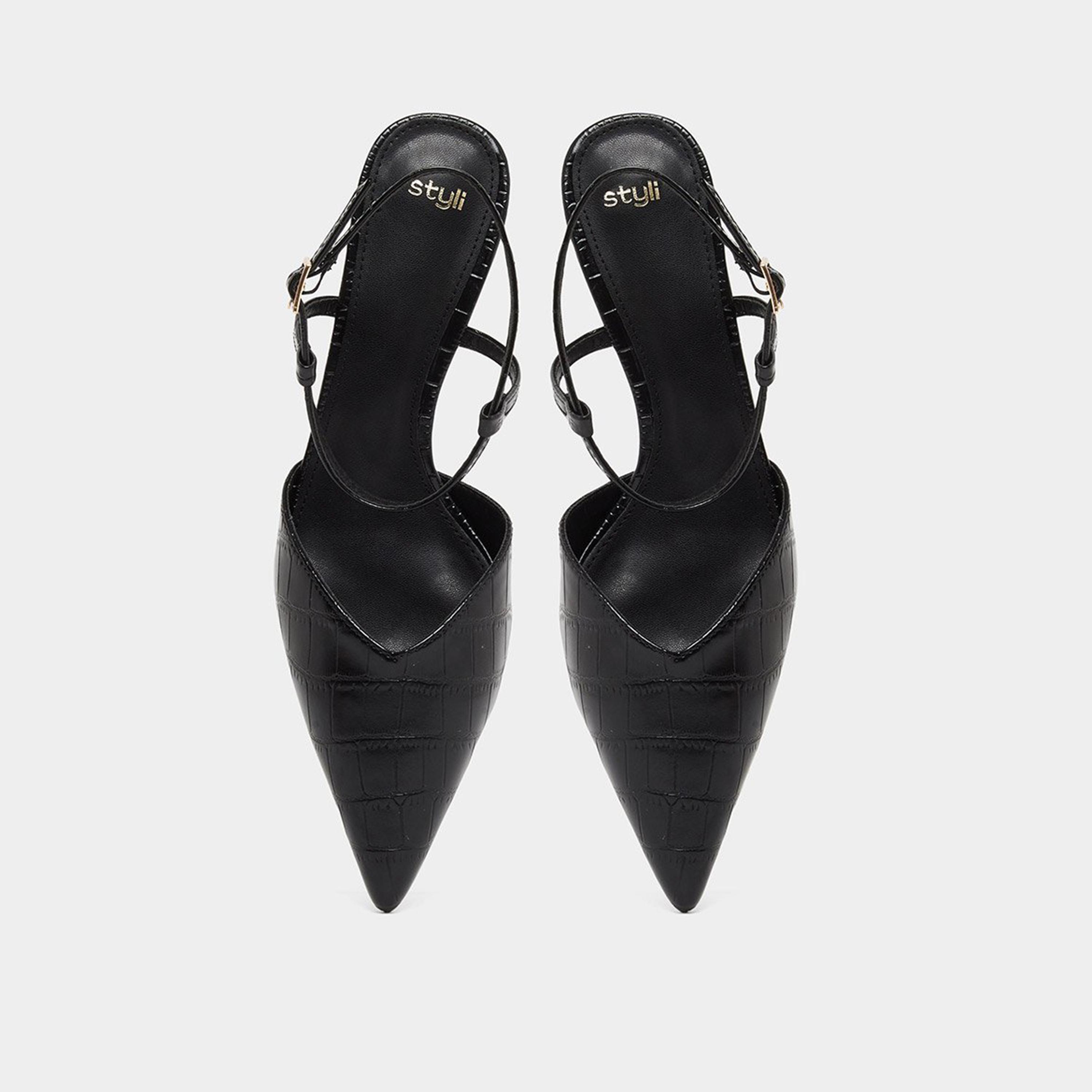 Styli Women Black Croc-Skin Textured Kitten Heel Shoes-women-shoes-heels-image-6