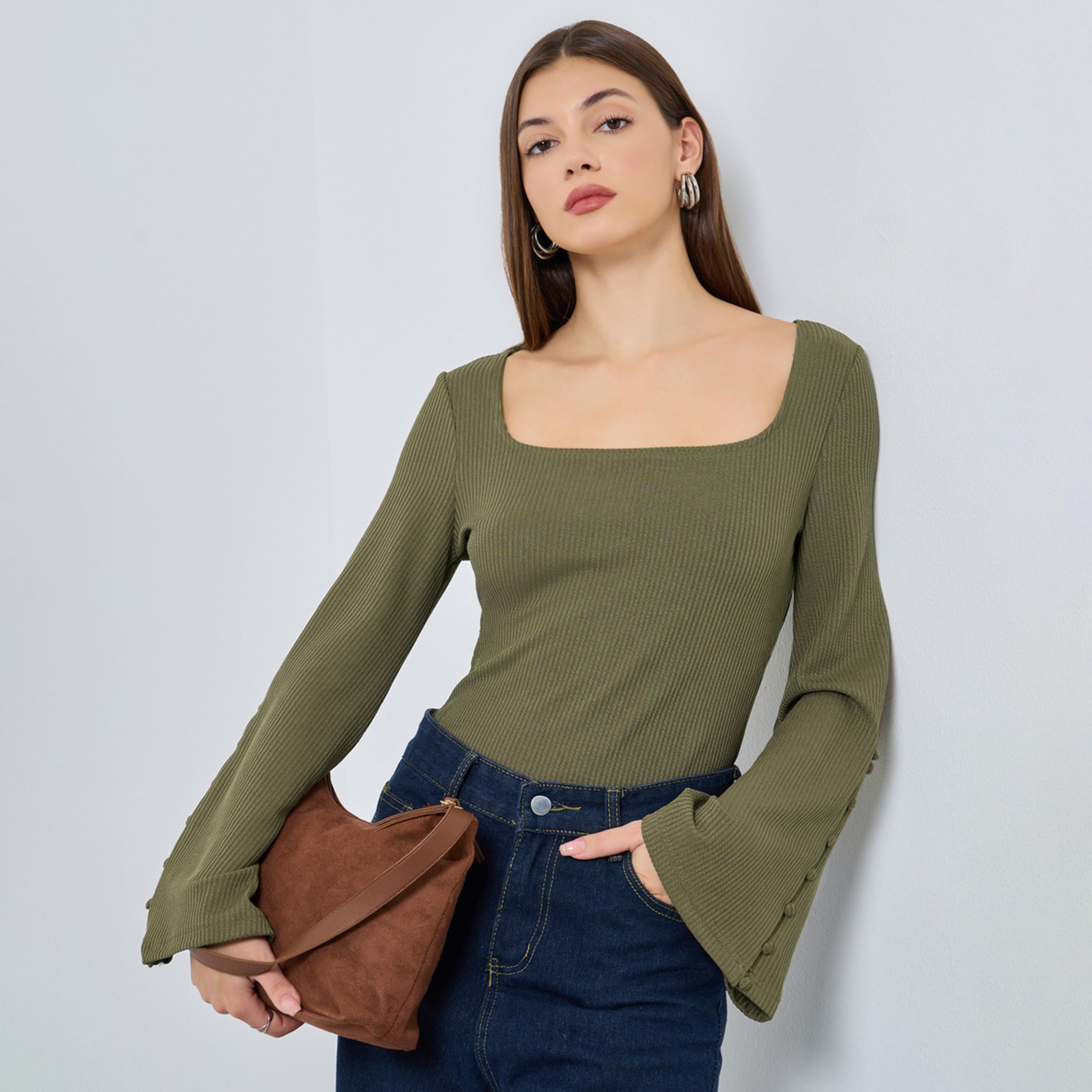 ستايلي - بلوزة زيتونية محبوكة مضلعة برقبة مربعة-women-clothing-shirtsandblouses-shirts-image-1