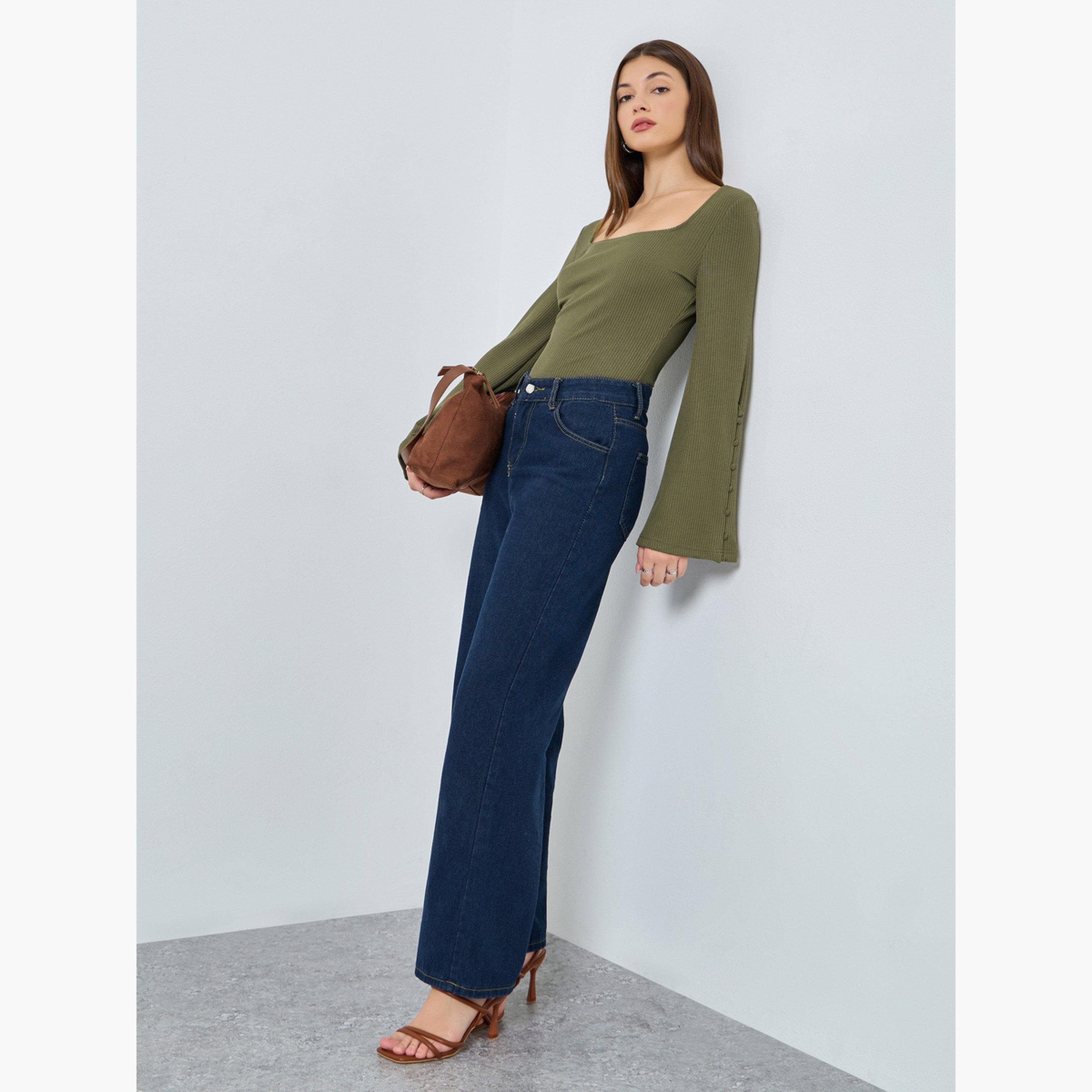 Styli Olive Square Neck Ribbed Knit Top-women-clothing-shirtsandblouses-shirts-image-2