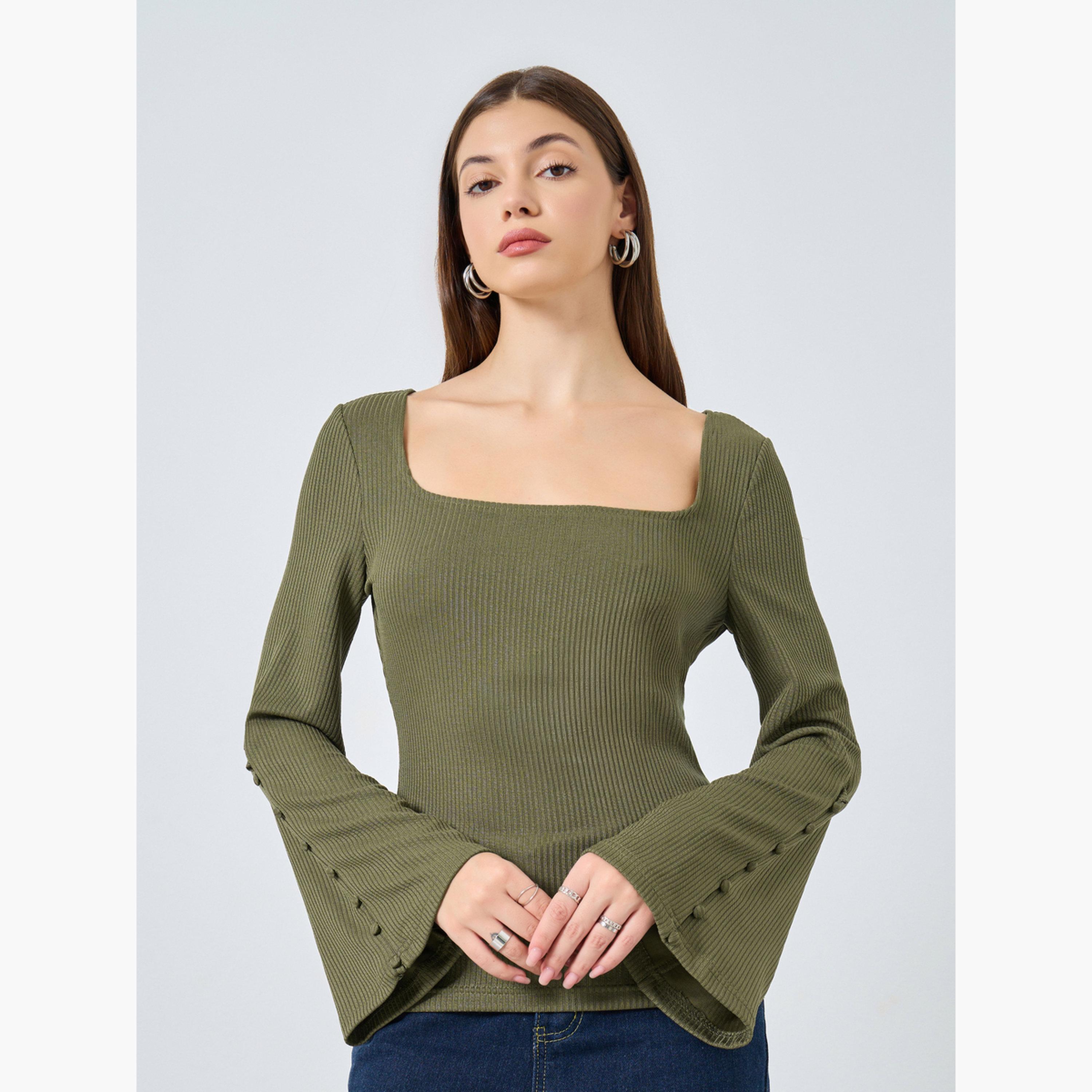 Styli Olive Square Neck Ribbed Knit Top-women-clothing-shirtsandblouses-shirts-image-3