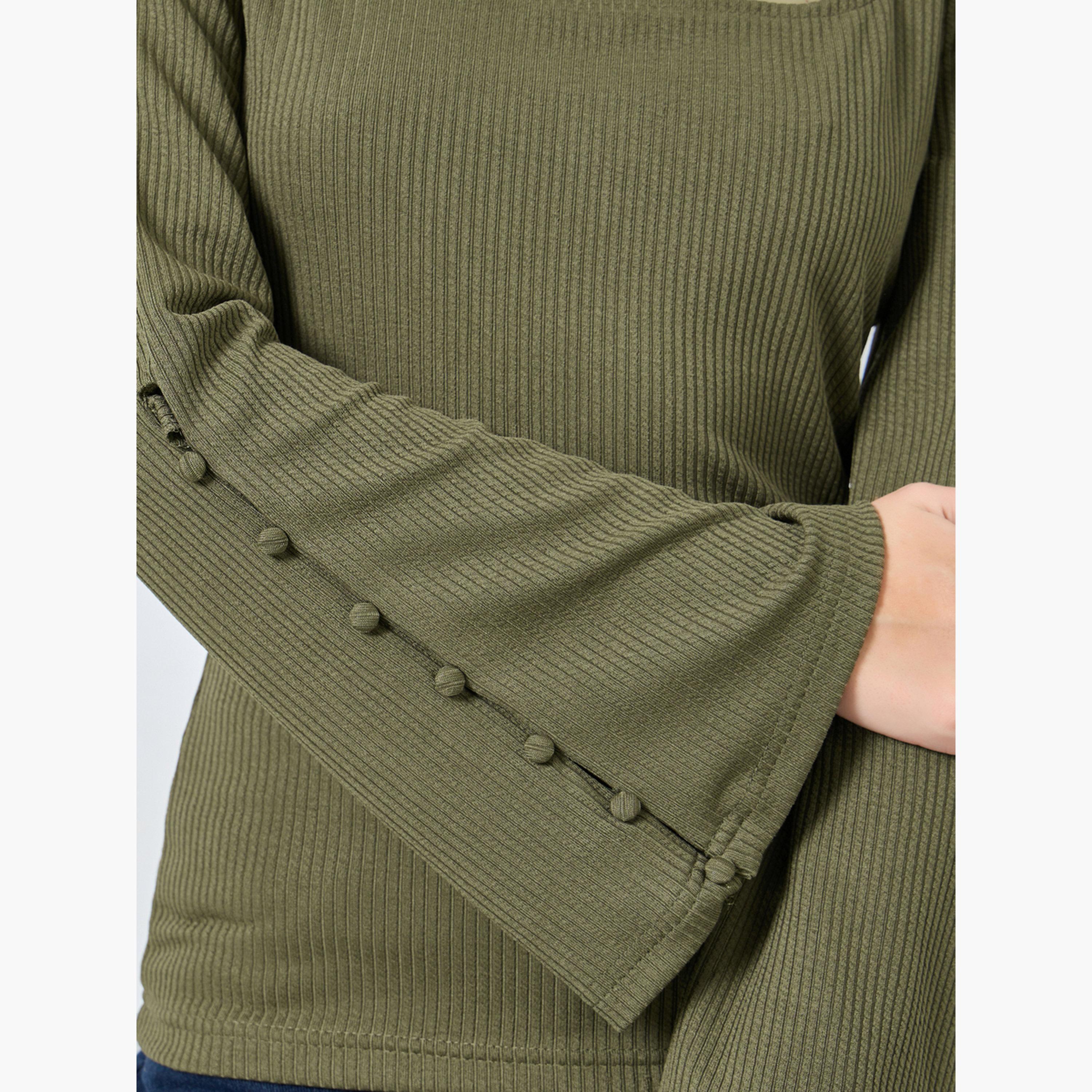 Styli Olive Square Neck Ribbed Knit Top-women-clothing-shirtsandblouses-shirts-image-4