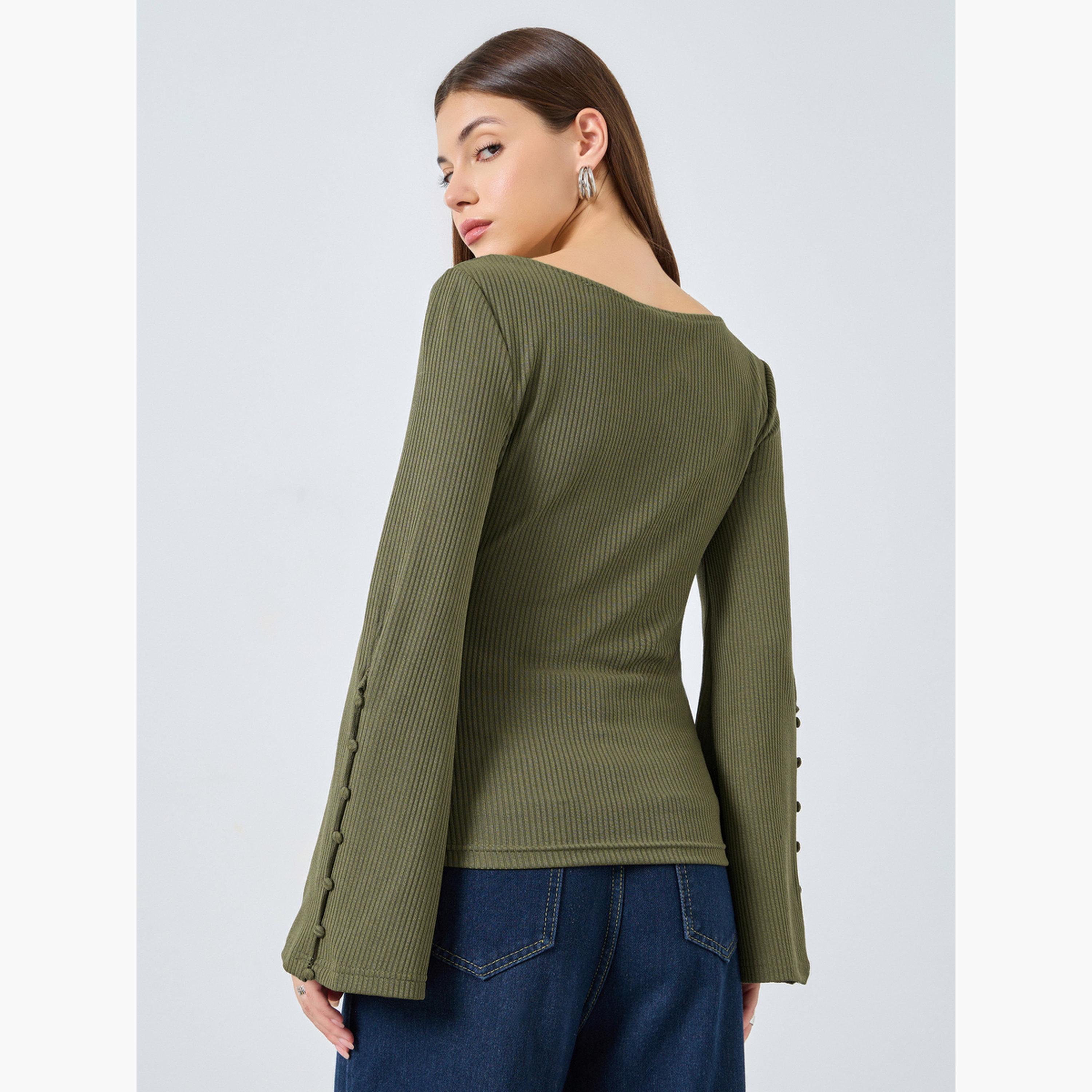 Styli Olive Square Neck Ribbed Knit Top-women-clothing-shirtsandblouses-shirts-image-5