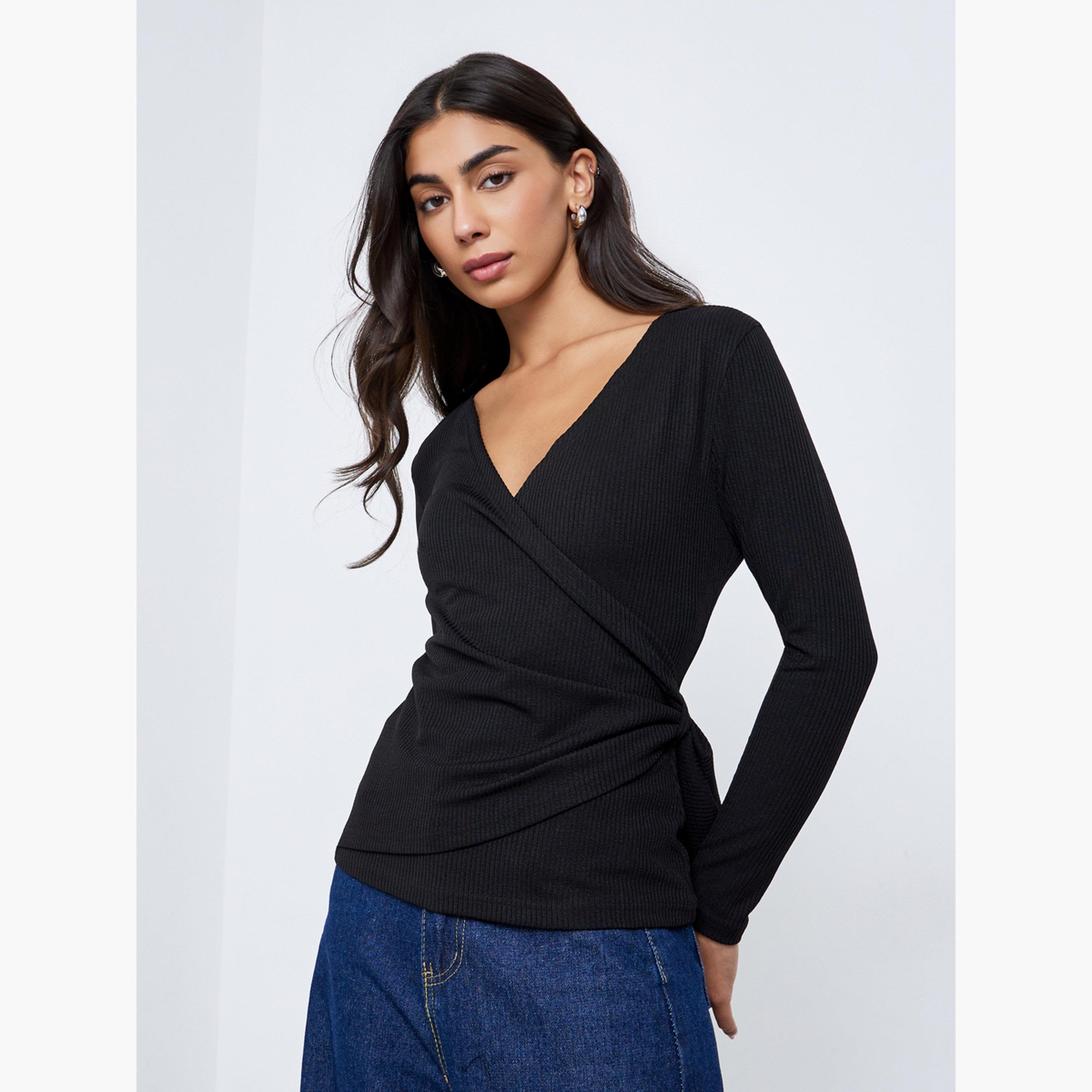 ستايلي - بلوزة سوداء ملفوفة مضلعة مع تفاصيل ربطة عنق-women-clothing-shirtsandblouses-blouses-image-1