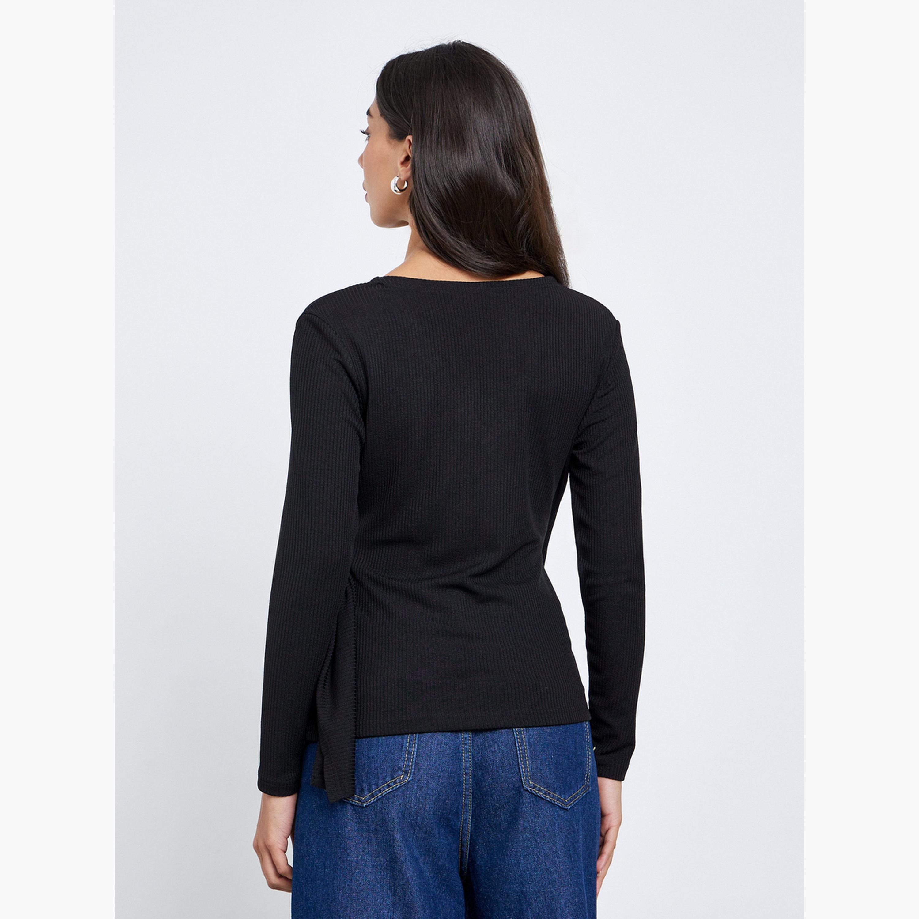 ستايلي - بلوزة سوداء ملفوفة مضلعة مع تفاصيل ربطة عنق-women-clothing-shirtsandblouses-blouses-image-4