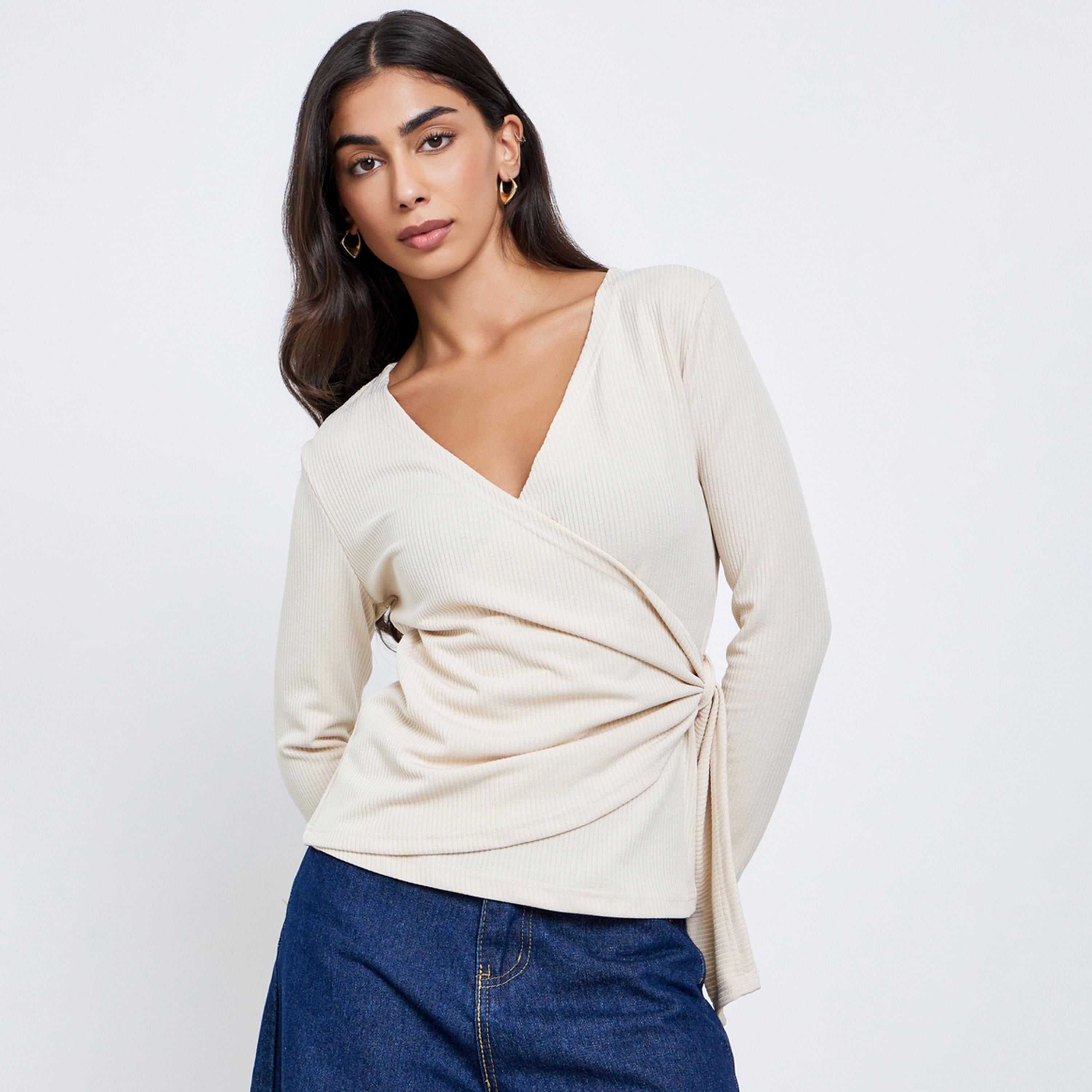 Styli Beige Ribbed Wrap Top with Tie Detail-women-clothing-shirtsandblouses-blouses-image-1