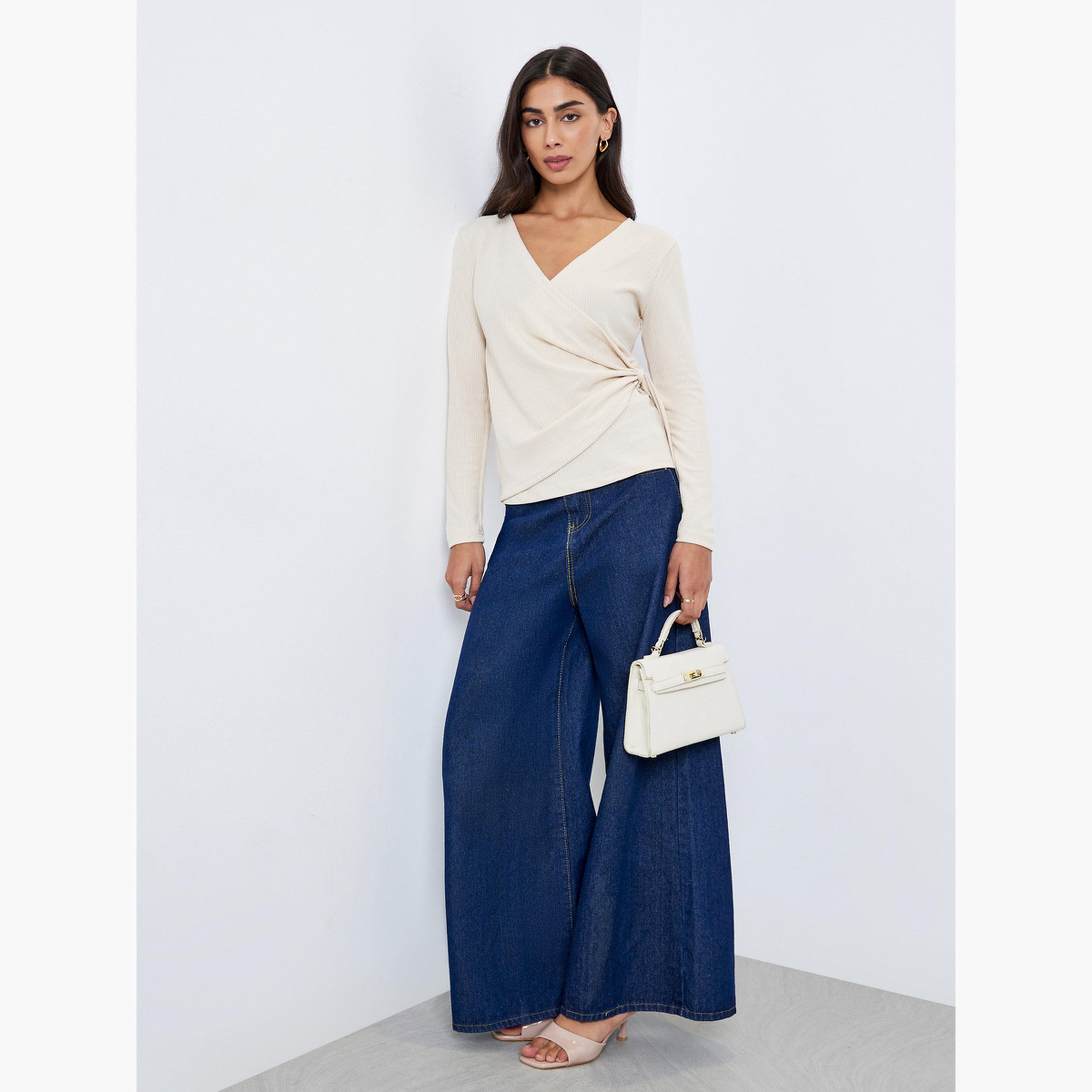 Styli Beige Ribbed Wrap Top with Tie Detail-women-clothing-shirtsandblouses-blouses-image-2