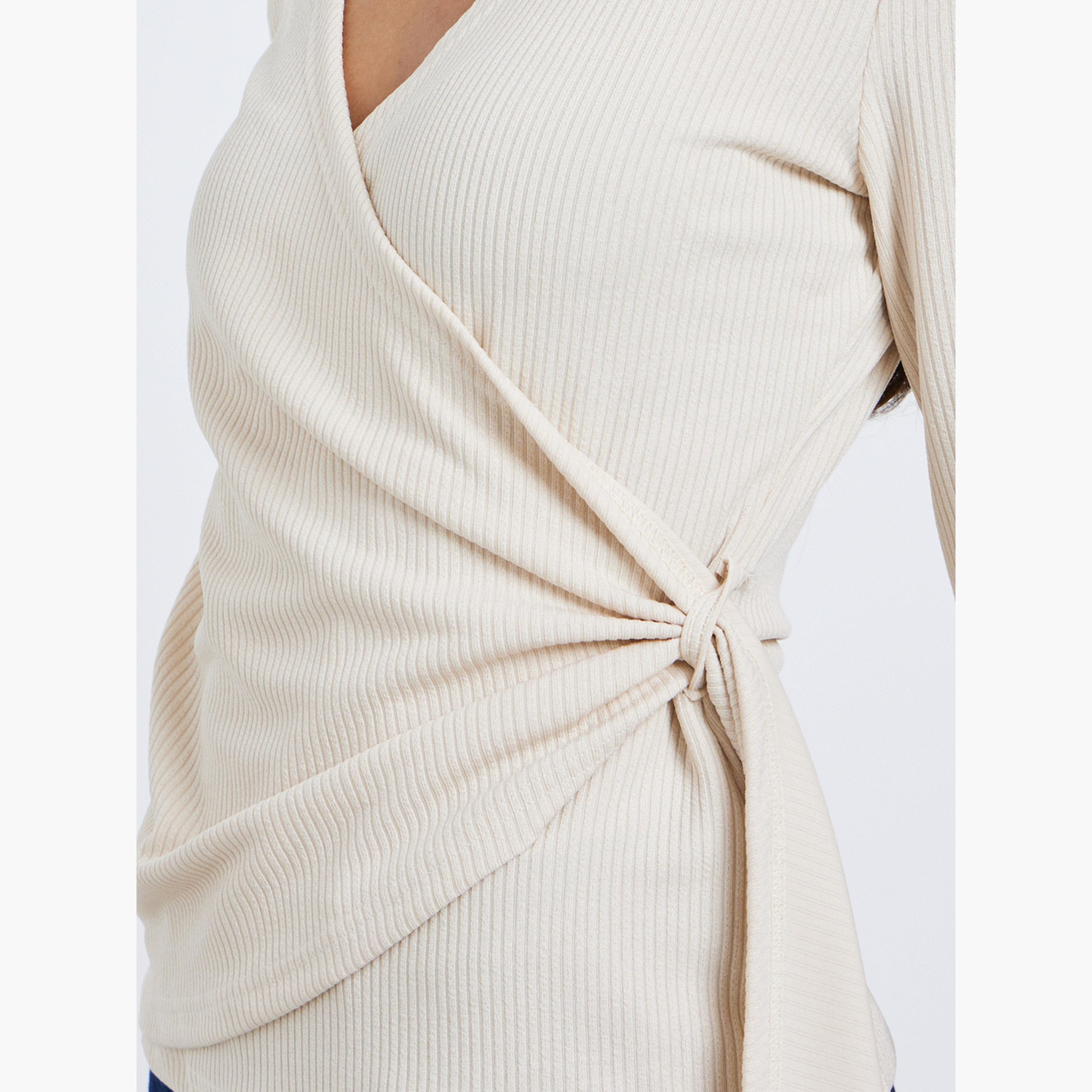 Styli Beige Ribbed Wrap Top with Tie Detail-women-clothing-shirtsandblouses-blouses-image-3