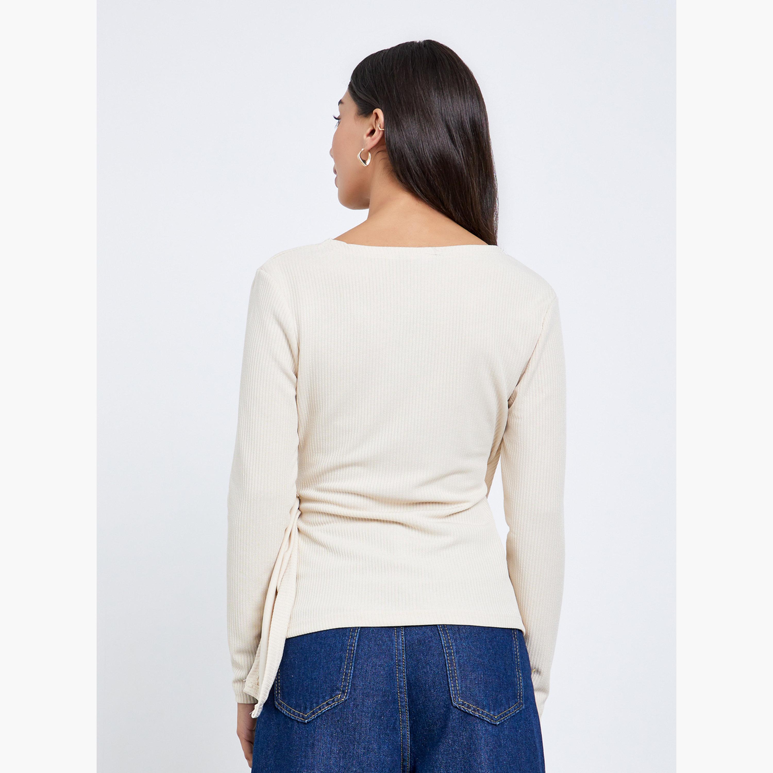 Styli Beige Ribbed Wrap Top with Tie Detail-women-clothing-shirtsandblouses-blouses-image-4