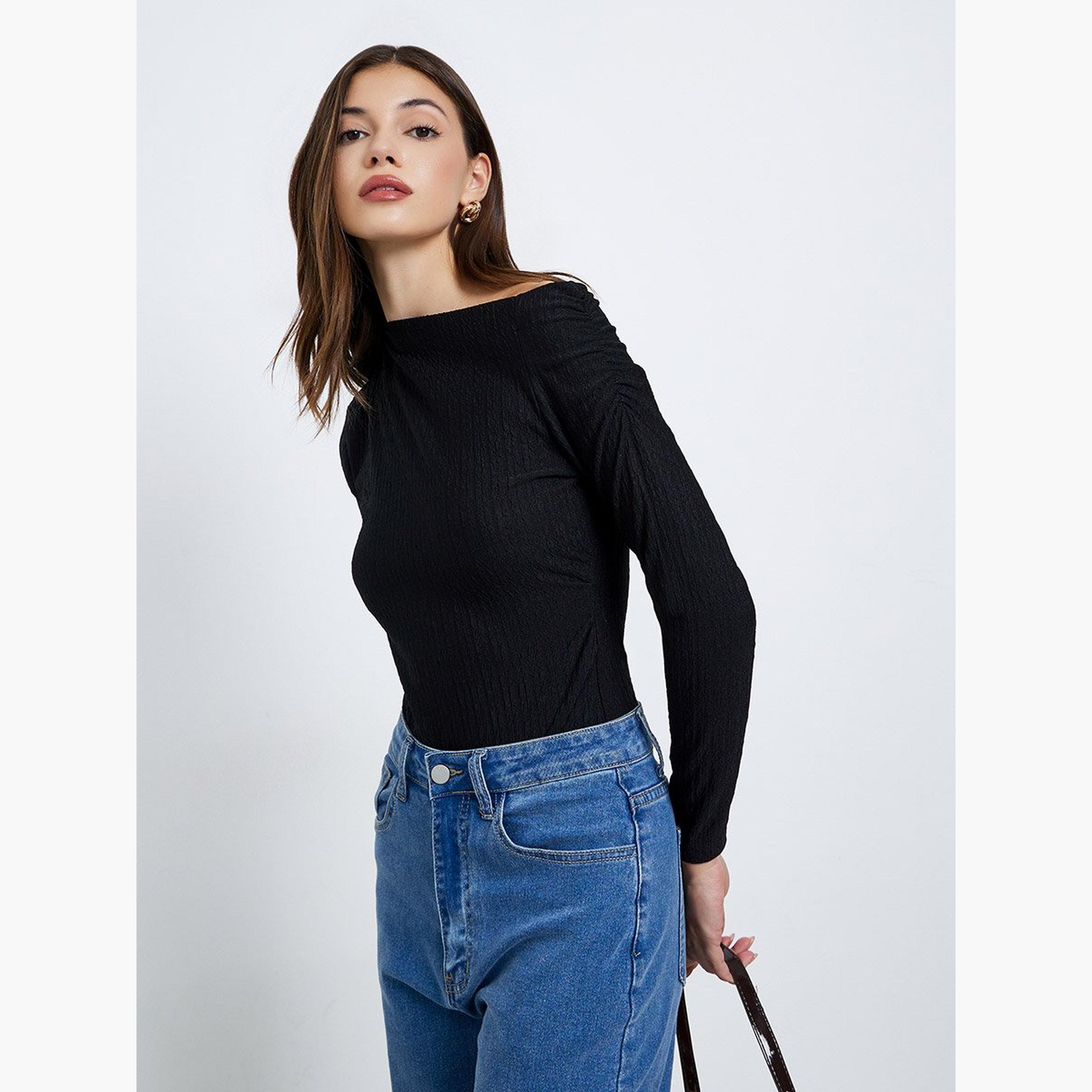 Styli Black Textured One-Shoulder Bodysuit-women-clothing-shirtsandblouses-blouses-image-1