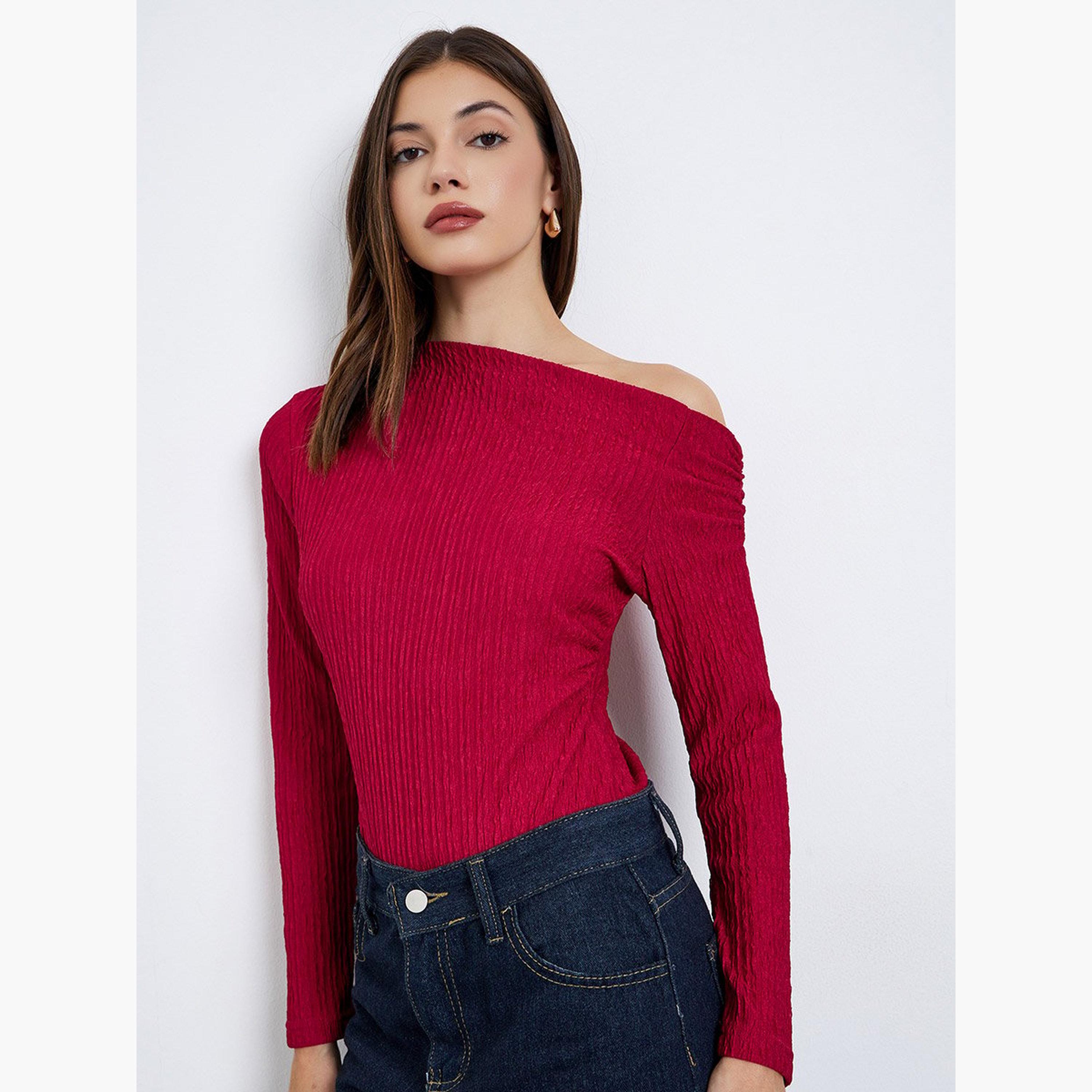 Styli Red Textured One-Shoulder Bodysuit-women-clothing-shirtsandblouses-blouses-image-1