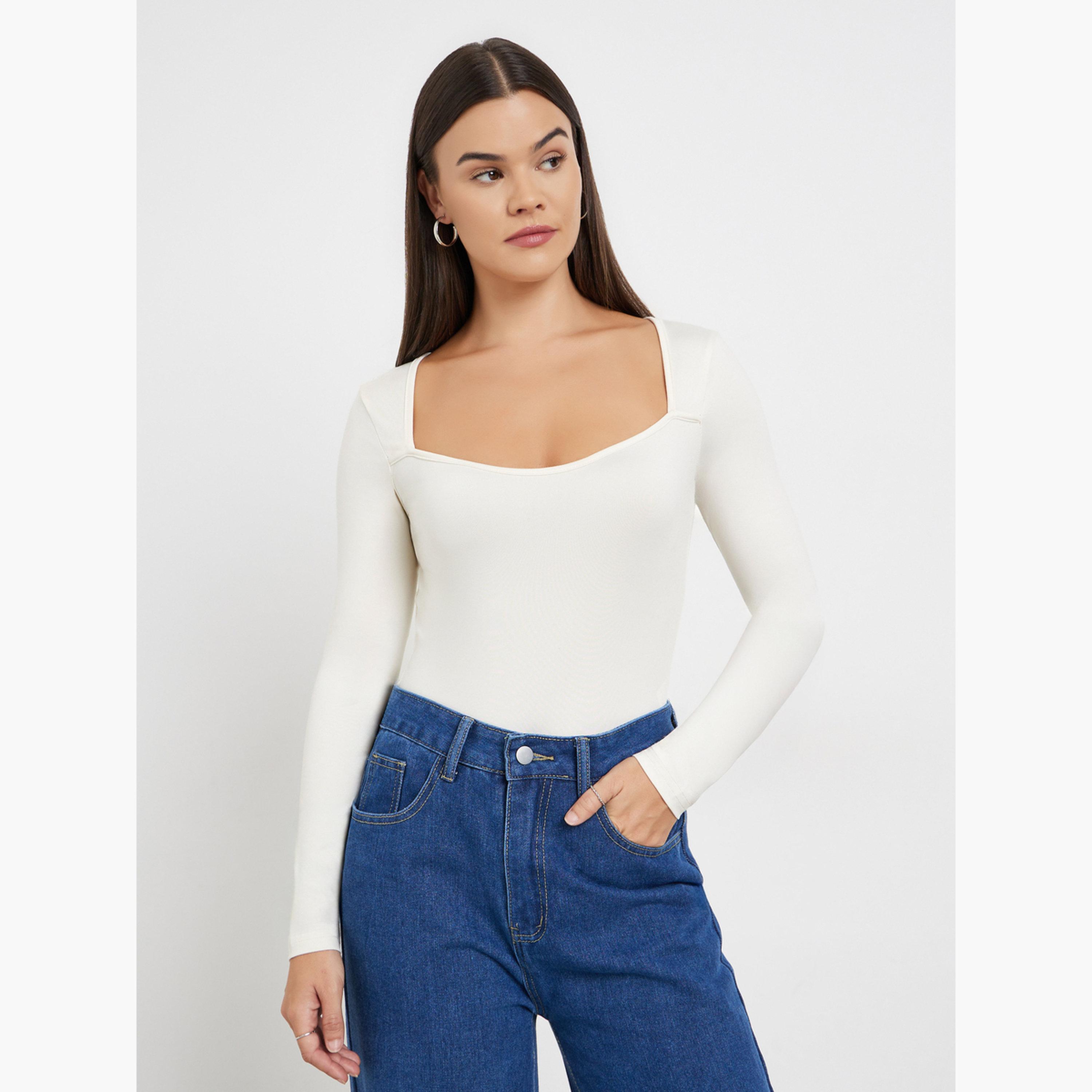 Styli Cream Sweetheart Neck Bodysuit-women-clothing-tshirts-image-2