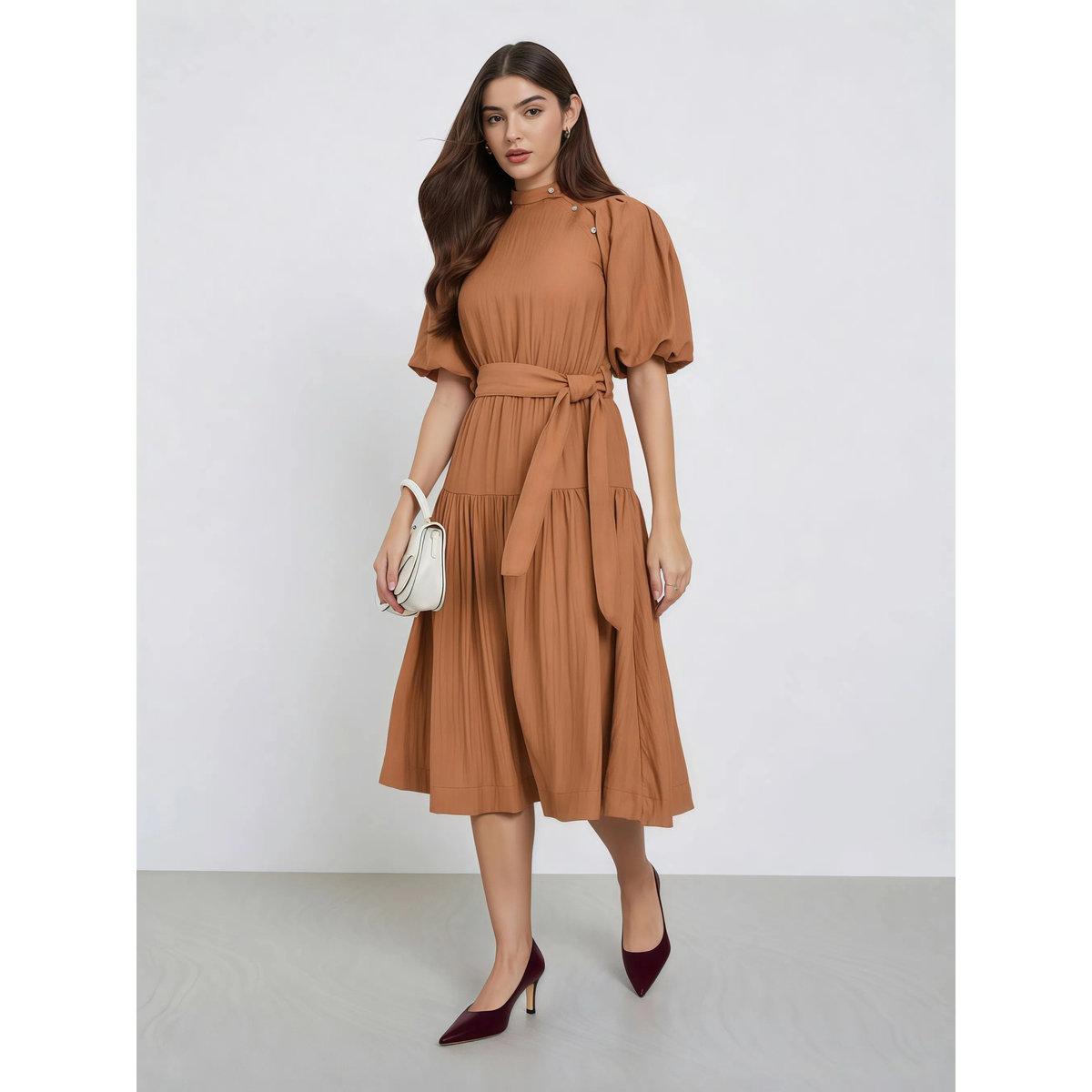 Styli Rust Puff Sleeve Waist Tie Midi Dress-women-clothing-dresses-image-1