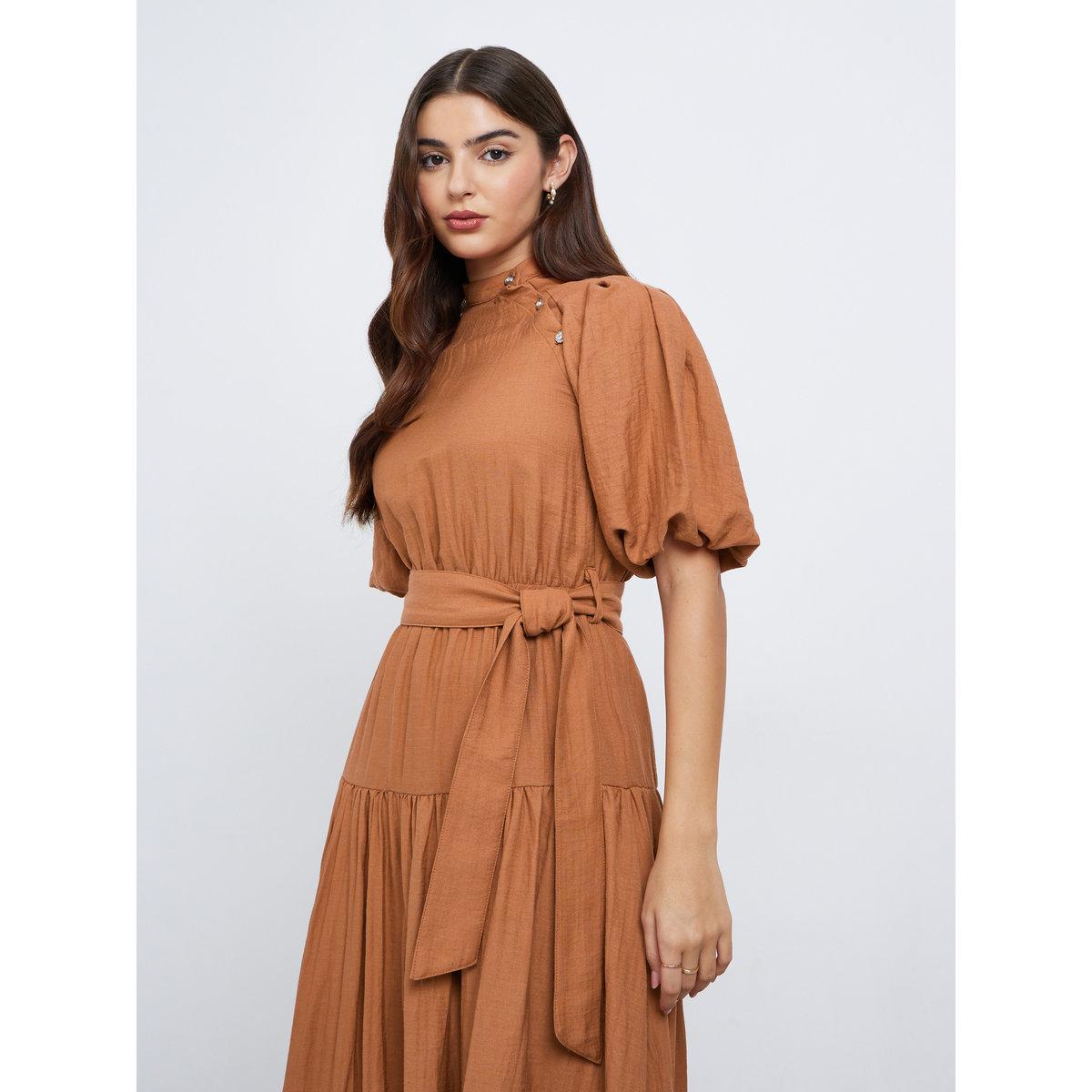 Styli Rust Puff Sleeve Waist Tie Midi Dress-women-clothing-dresses-image-2