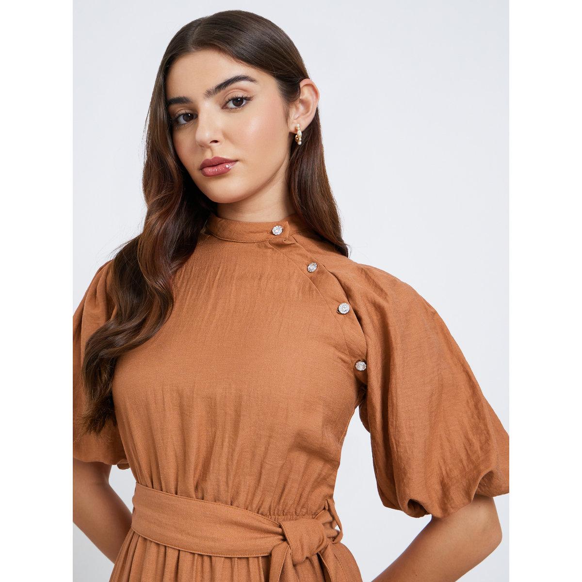 Styli Rust Puff Sleeve Waist Tie Midi Dress-women-clothing-dresses-image-3