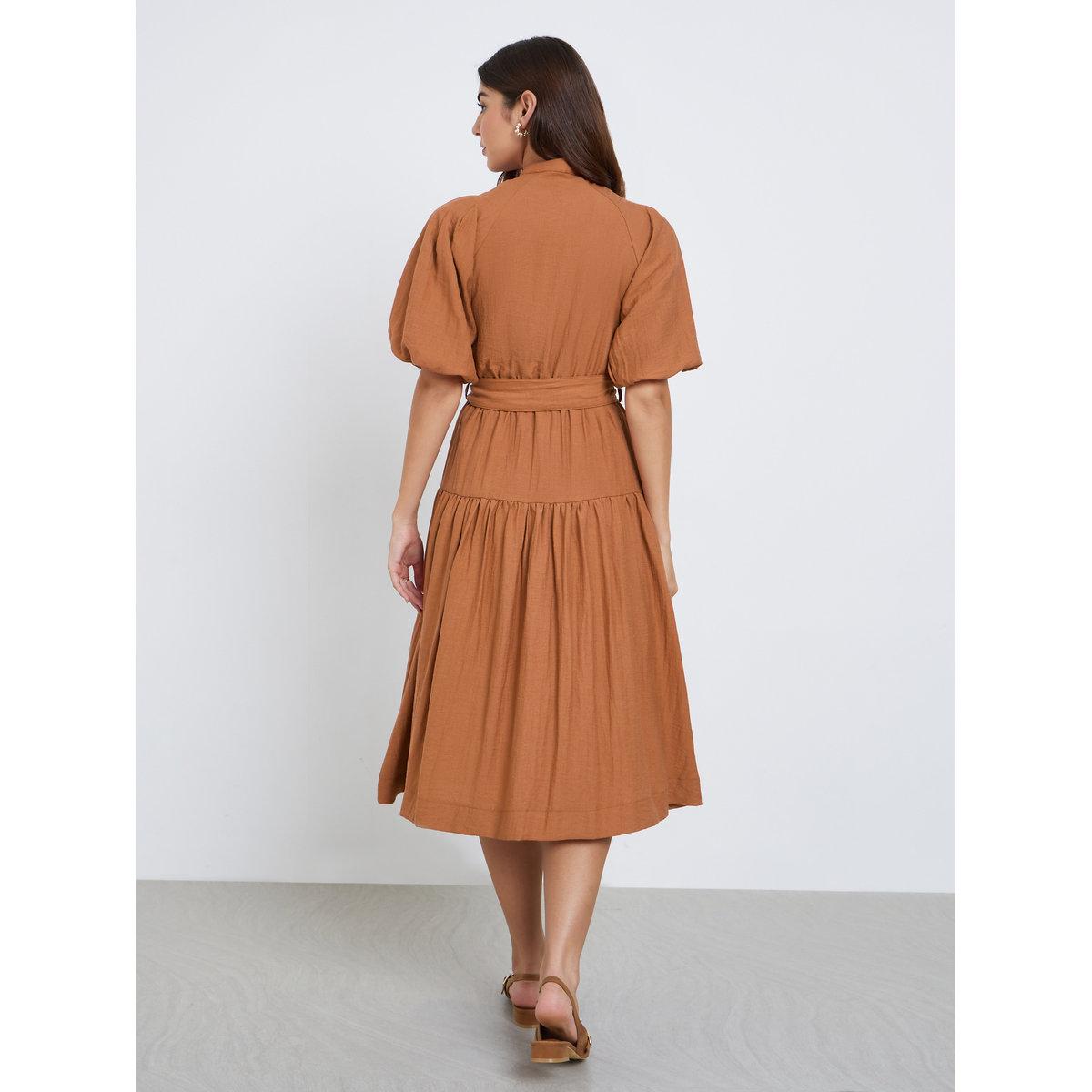 Styli Rust Puff Sleeve Waist Tie Midi Dress-women-clothing-dresses-image-4