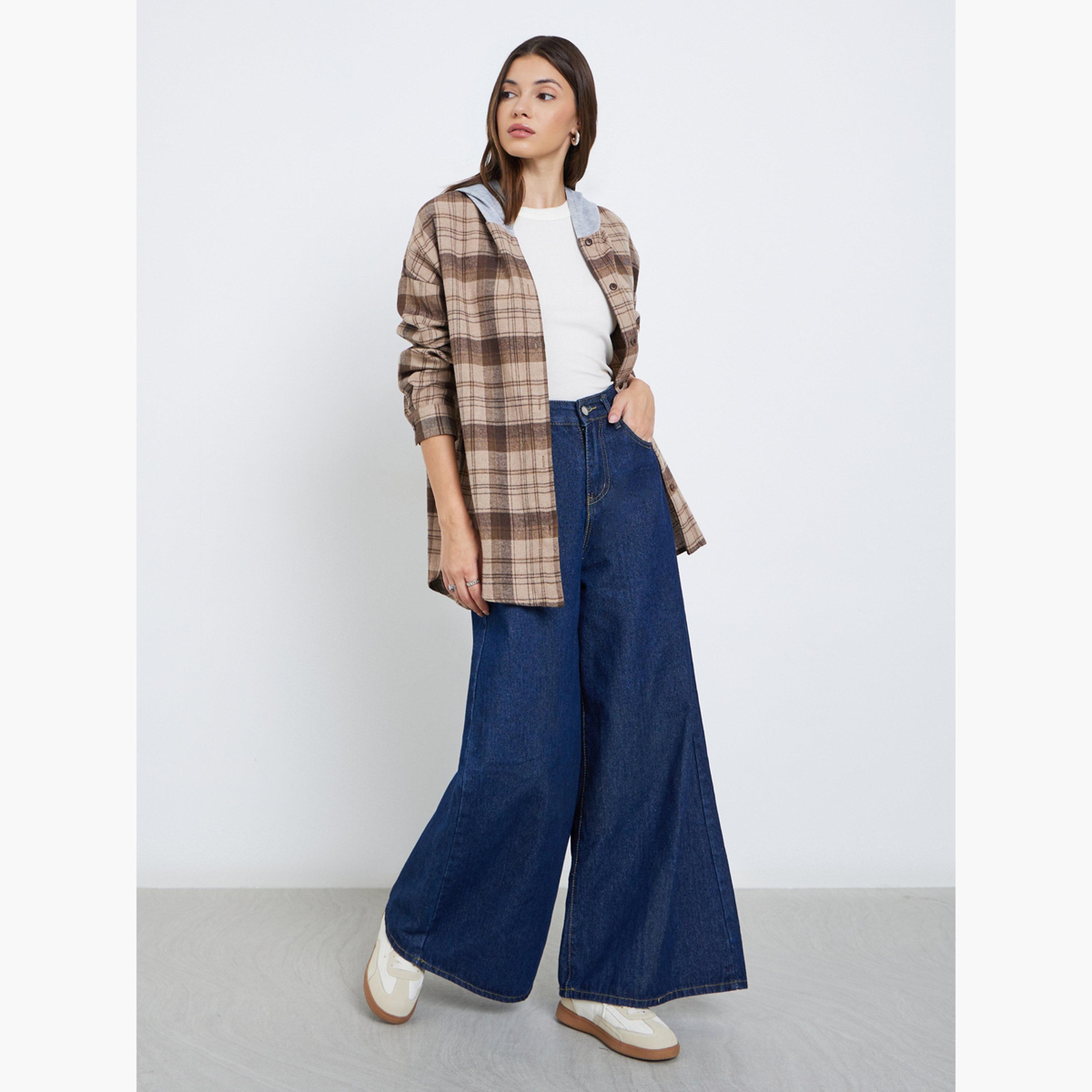 ستايلي - جاكيت حجم كبير من الفلانيل البني المنقوش مع غطاء للرأس-women-clothing-shirtsandblouses-shirts-image-2