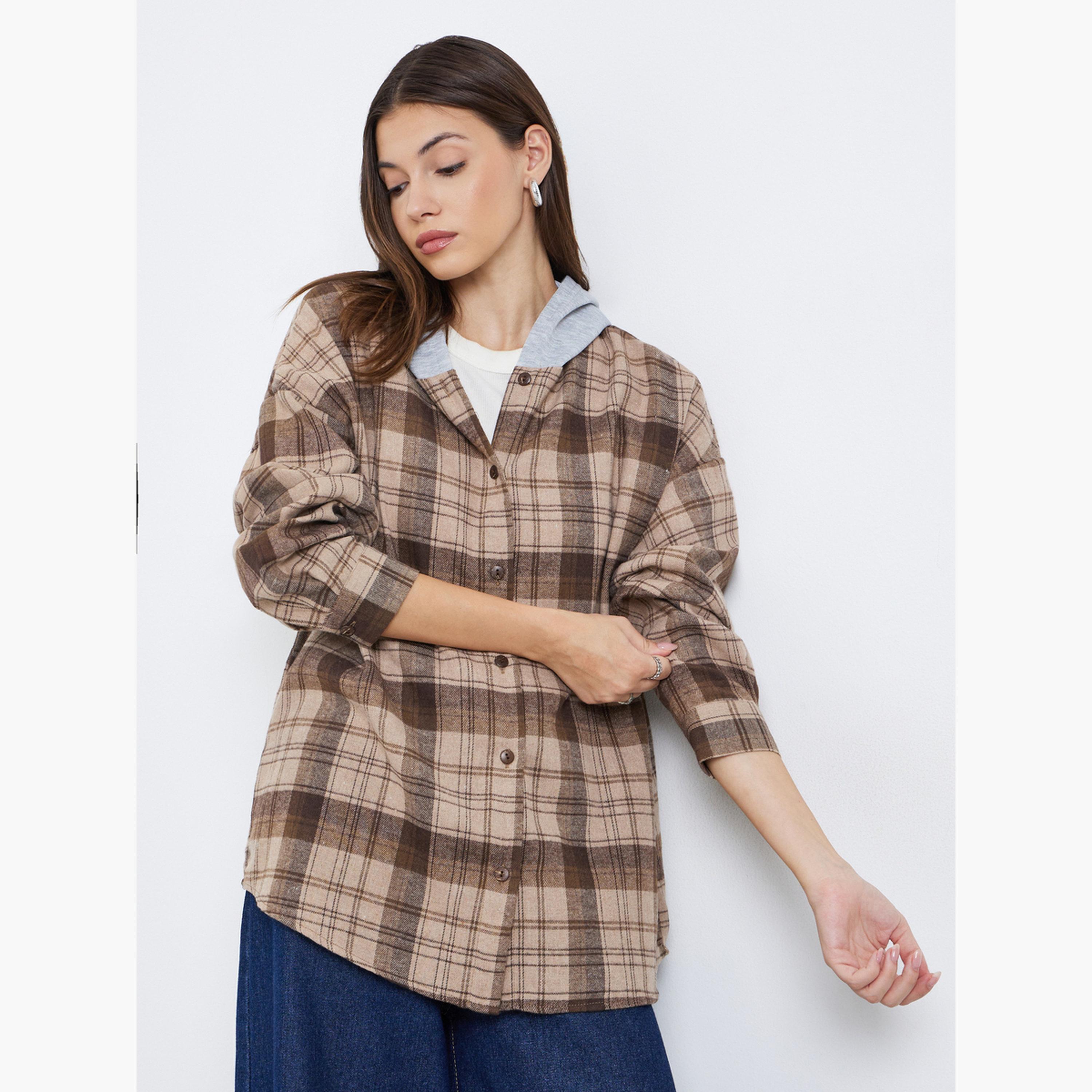ستايلي - جاكيت حجم كبير من الفلانيل البني المنقوش مع غطاء للرأس-women-clothing-shirtsandblouses-shirts-image-3