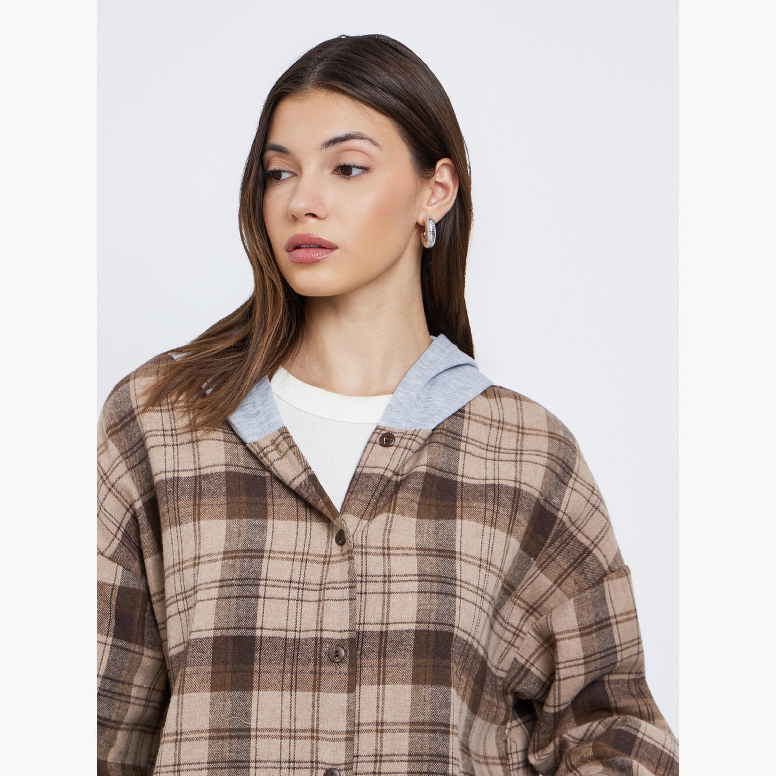 ستايلي - جاكيت حجم كبير من الفلانيل البني المنقوش مع غطاء للرأس-women-clothing-shirtsandblouses-shirts-image-4