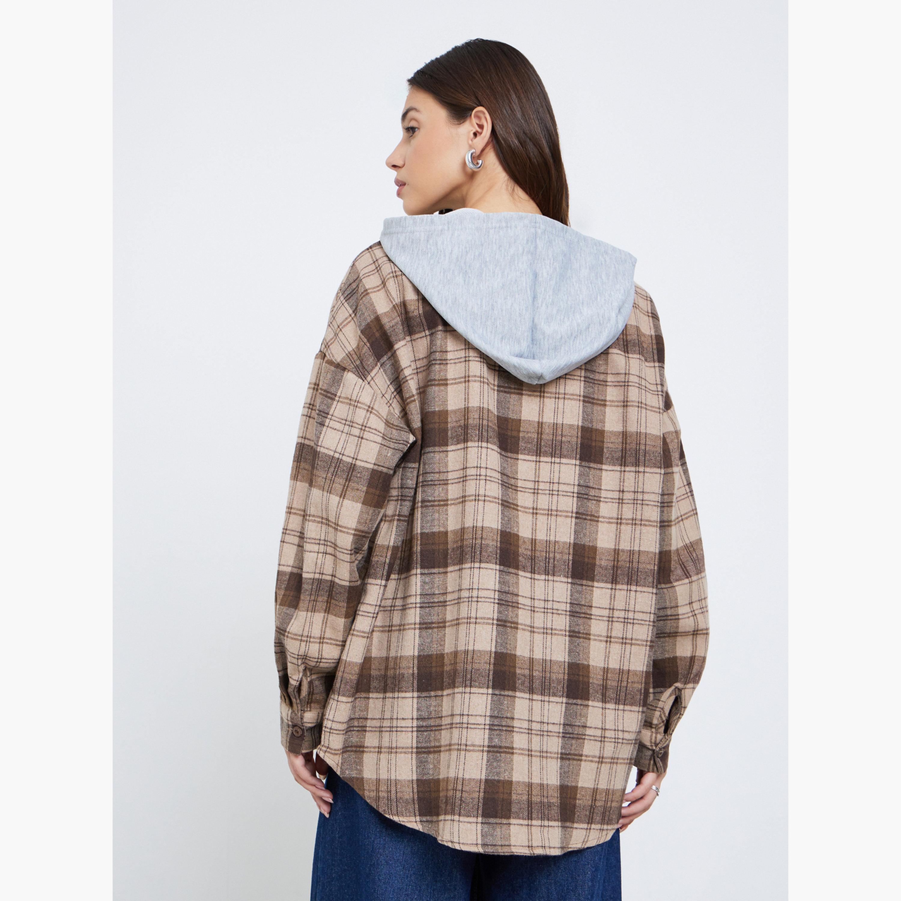 ستايلي - جاكيت حجم كبير من الفلانيل البني المنقوش مع غطاء للرأس-women-clothing-shirtsandblouses-shirts-image-5