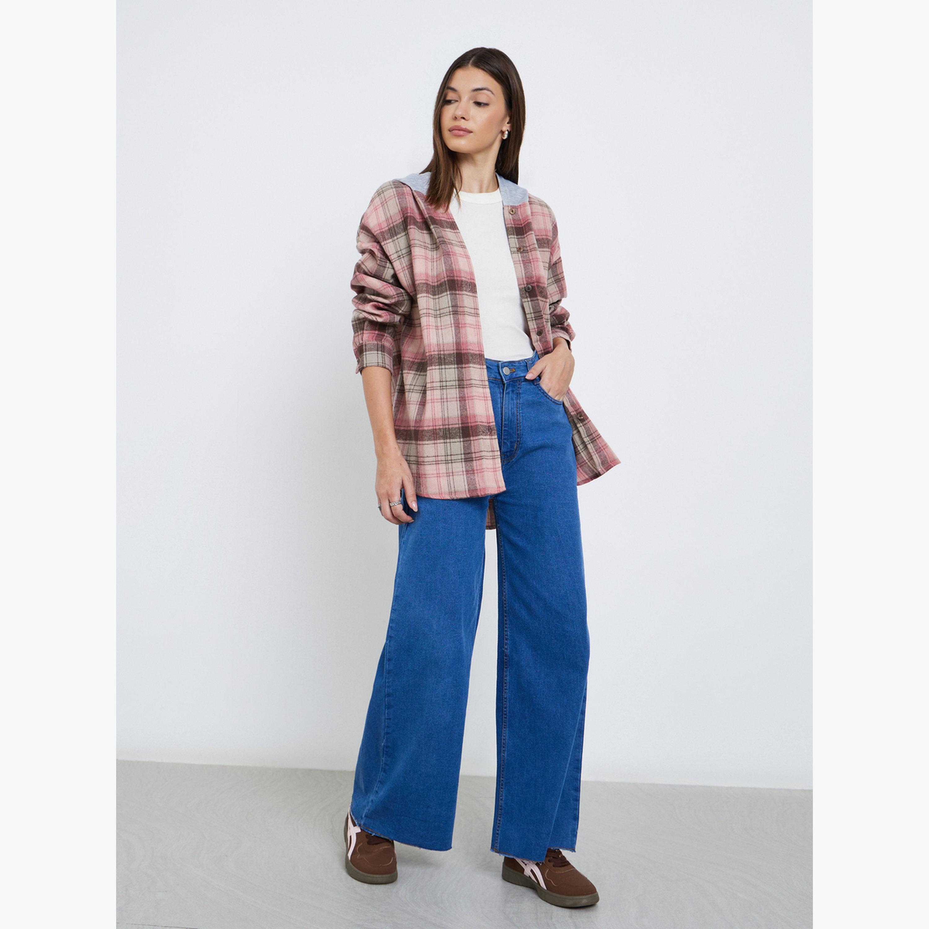 ستايلي - جاكيت حجم كبير من الفلانيل المنقوش لون وردي مع غطاء للرأس-women-clothing-shirtsandblouses-shirts-image-2