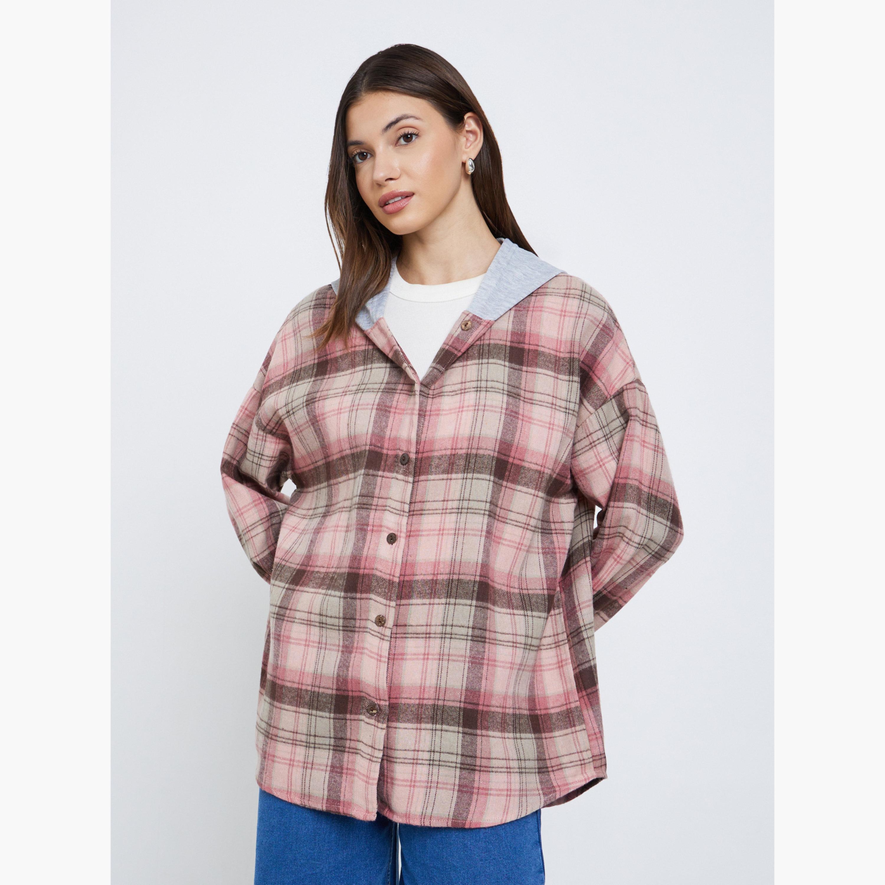 ستايلي - جاكيت حجم كبير من الفلانيل المنقوش لون وردي مع غطاء للرأس-women-clothing-shirtsandblouses-shirts-image-3
