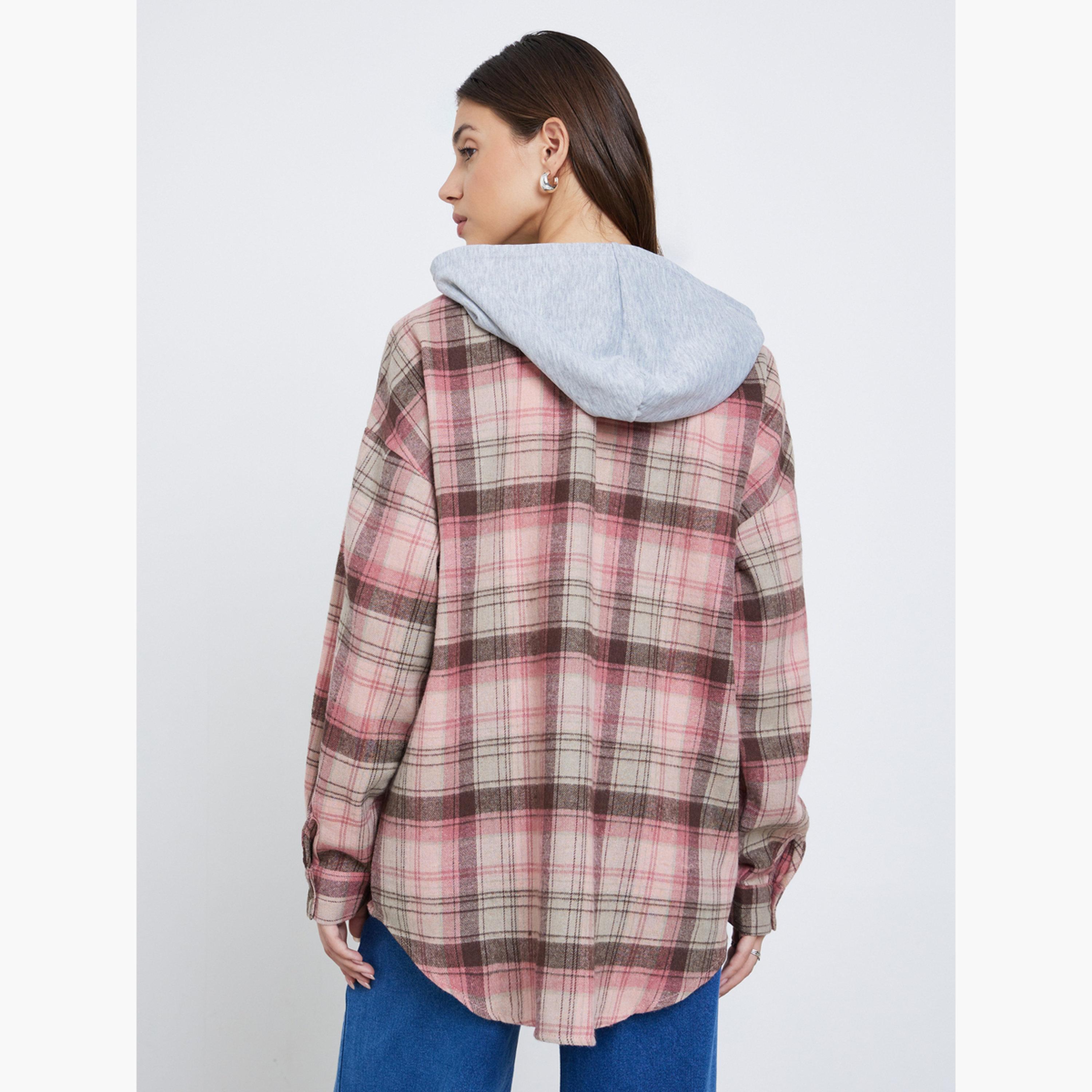 ستايلي - جاكيت حجم كبير من الفلانيل المنقوش لون وردي مع غطاء للرأس-women-clothing-shirtsandblouses-shirts-image-5