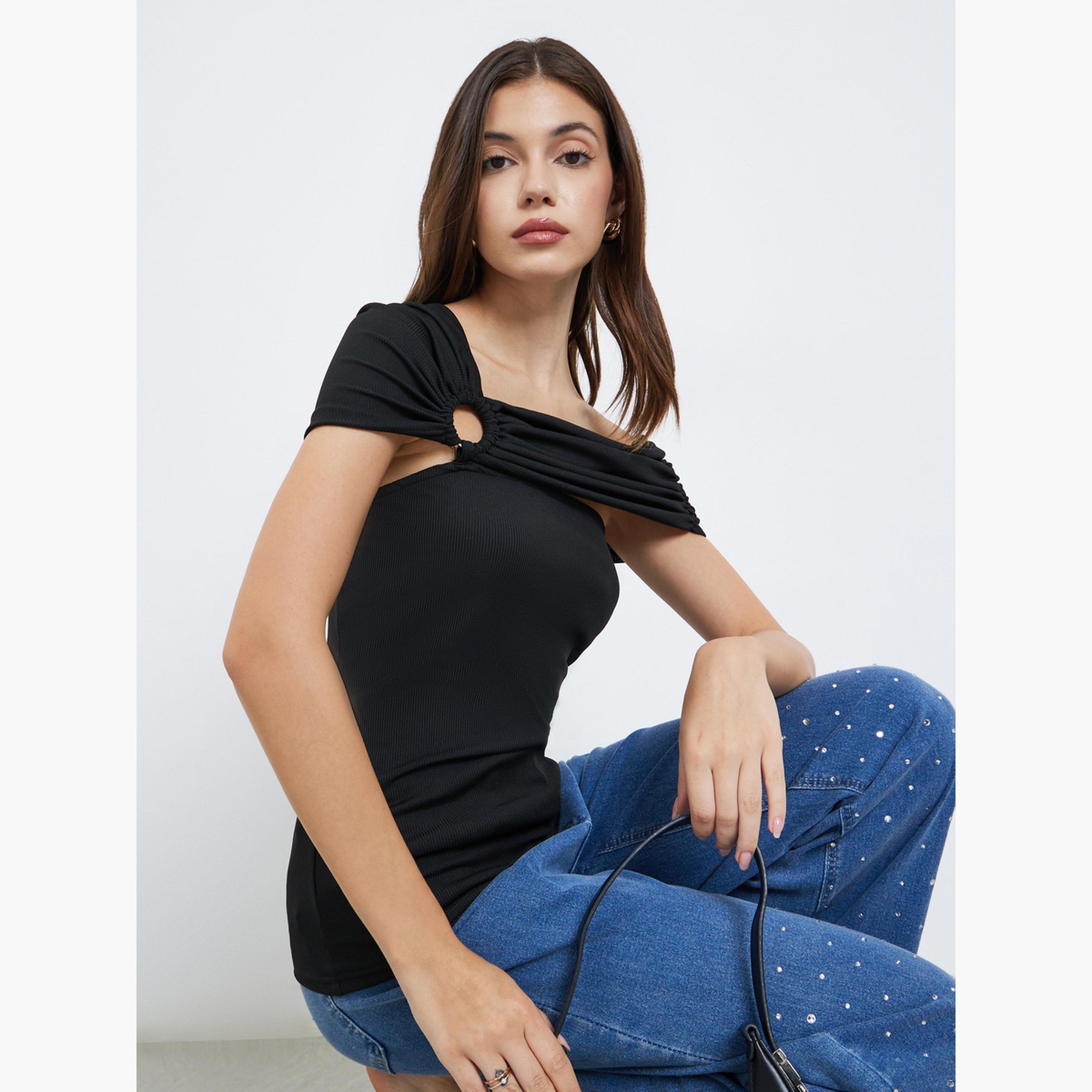 Styli Black Off Shoulder Knit Top with Ring Detail-women-clothing-tshirts-image-3