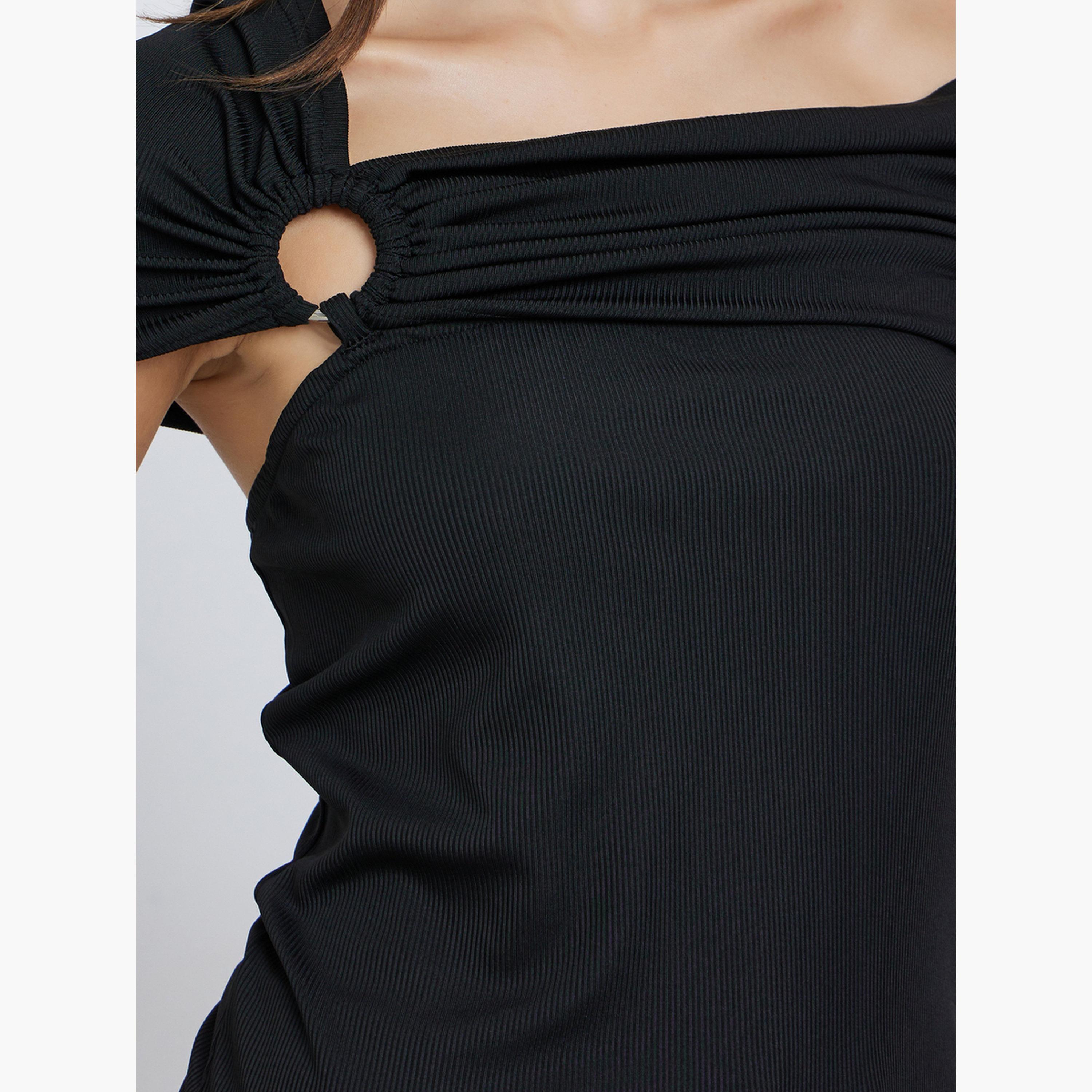 Styli Black Off Shoulder Knit Top with Ring Detail-women-clothing-tshirts-image-4