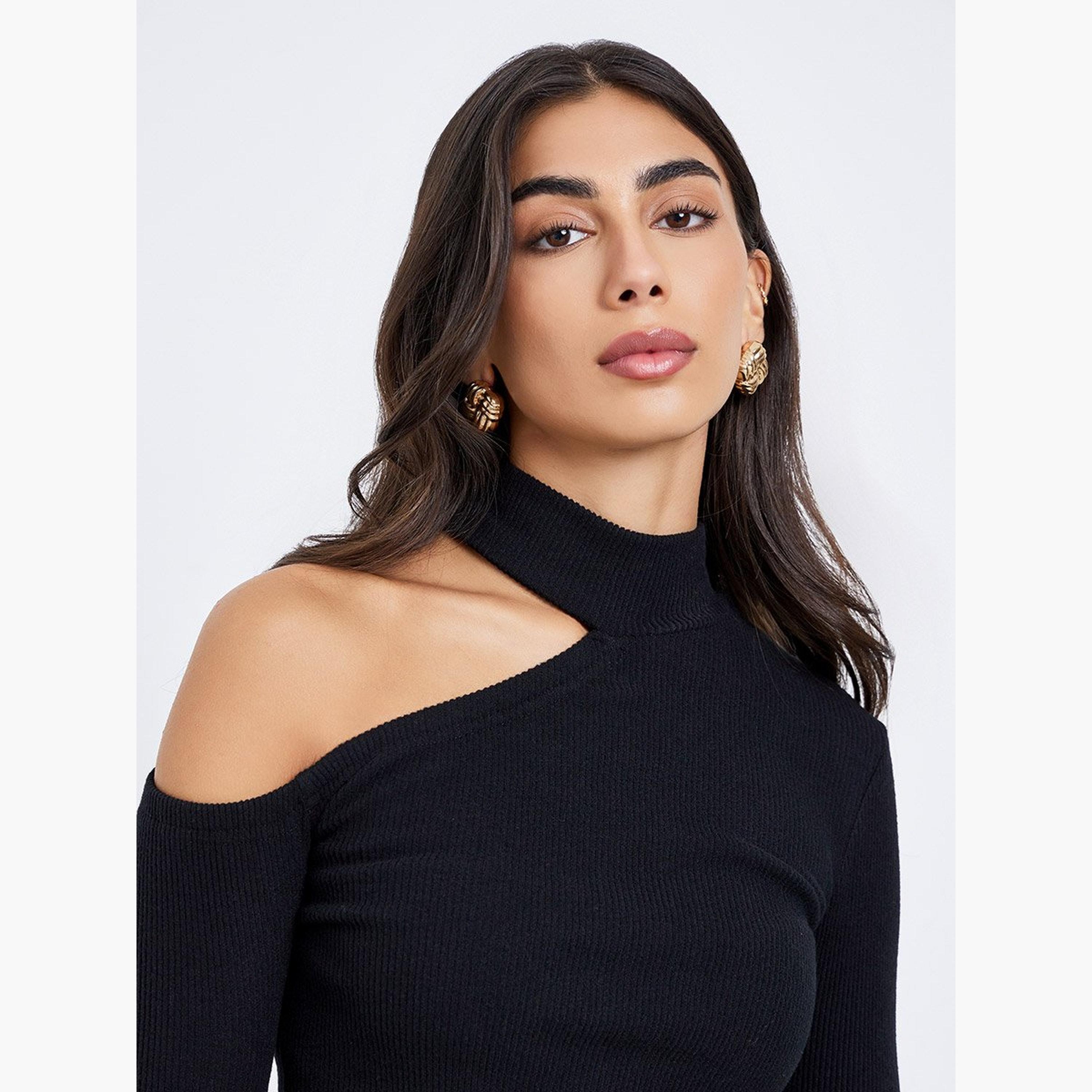 Styli Black One-Shoulder Knit Top-women-clothing-tshirts-image-3