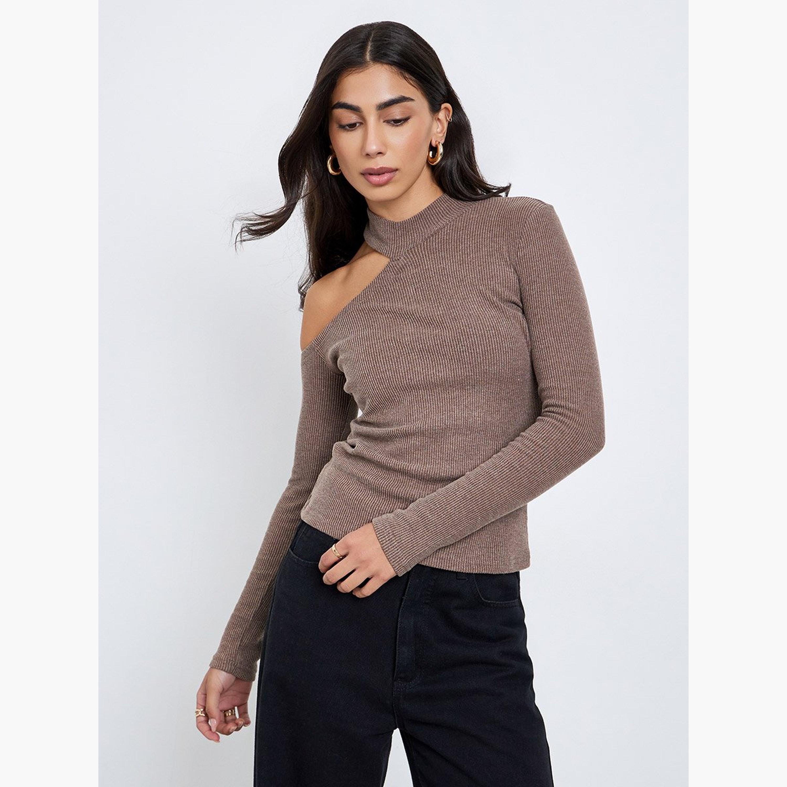 Styli Brown One-Shoulder Knit Top-women-clothing-tshirts-image-1