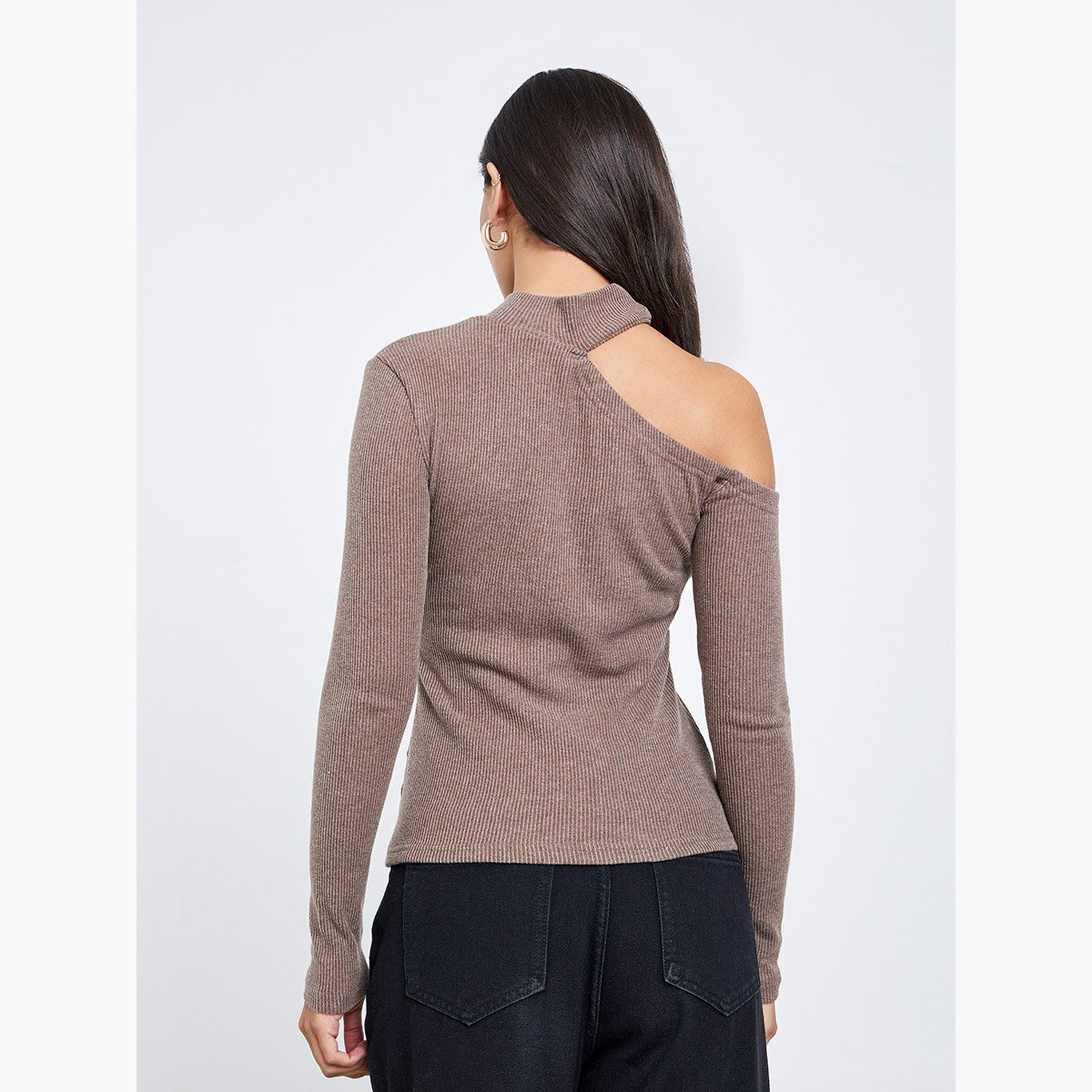Styli Brown One-Shoulder Knit Top-women-clothing-tshirts-image-5