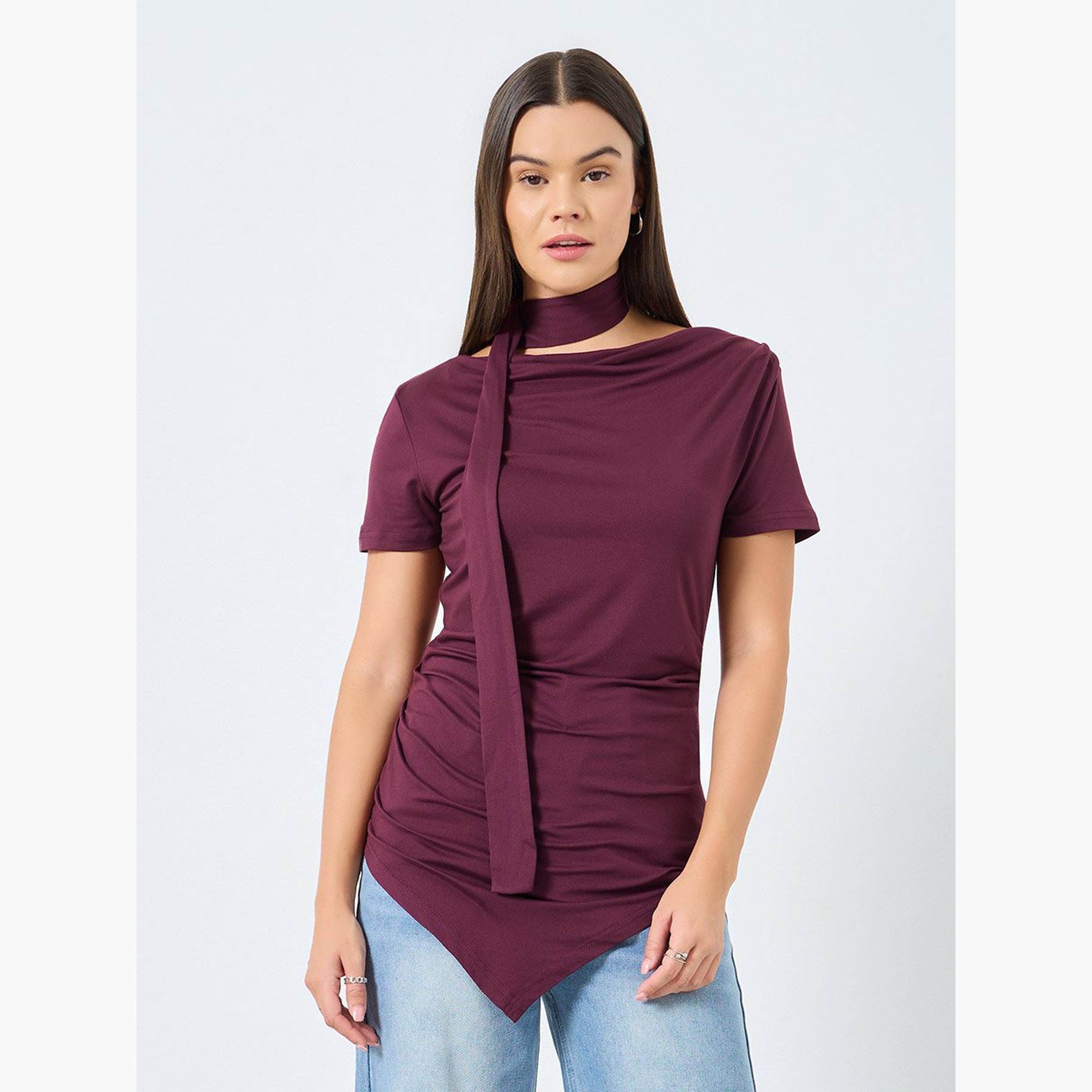ستايلي - بلوزة محبوكة لون عنابي مع تفاصيل ربطة عنق-women-clothing-tshirts-image-1