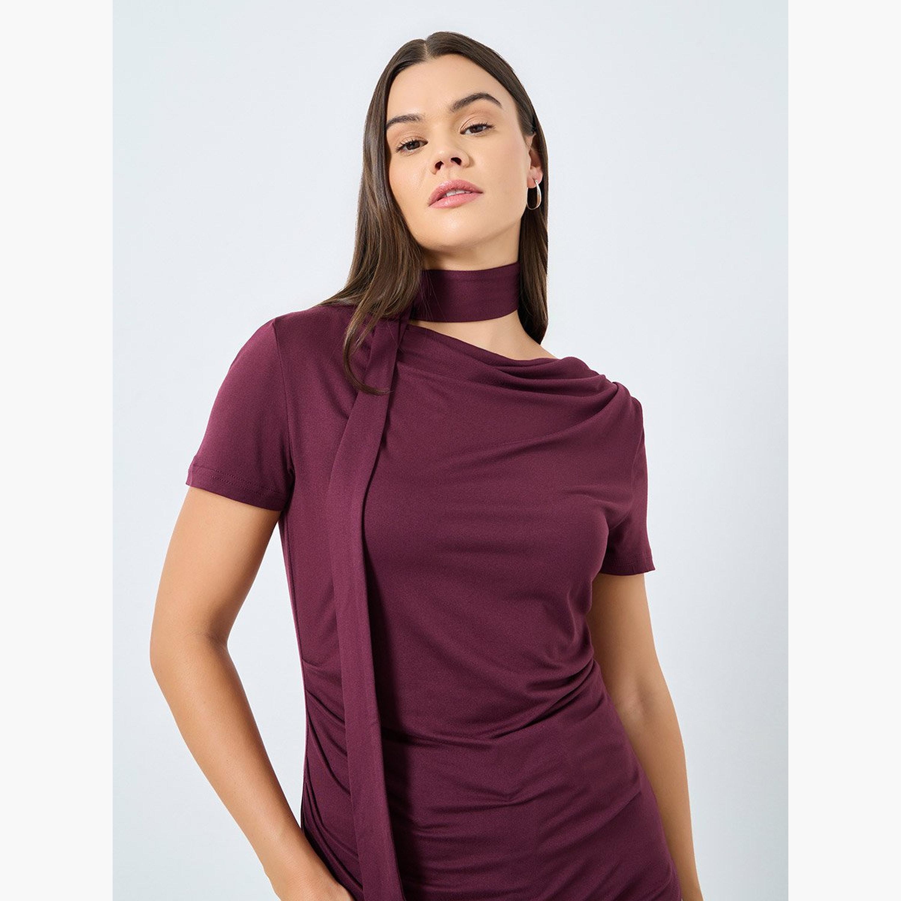 ستايلي - بلوزة محبوكة لون عنابي مع تفاصيل ربطة عنق-women-clothing-tshirts-image-2