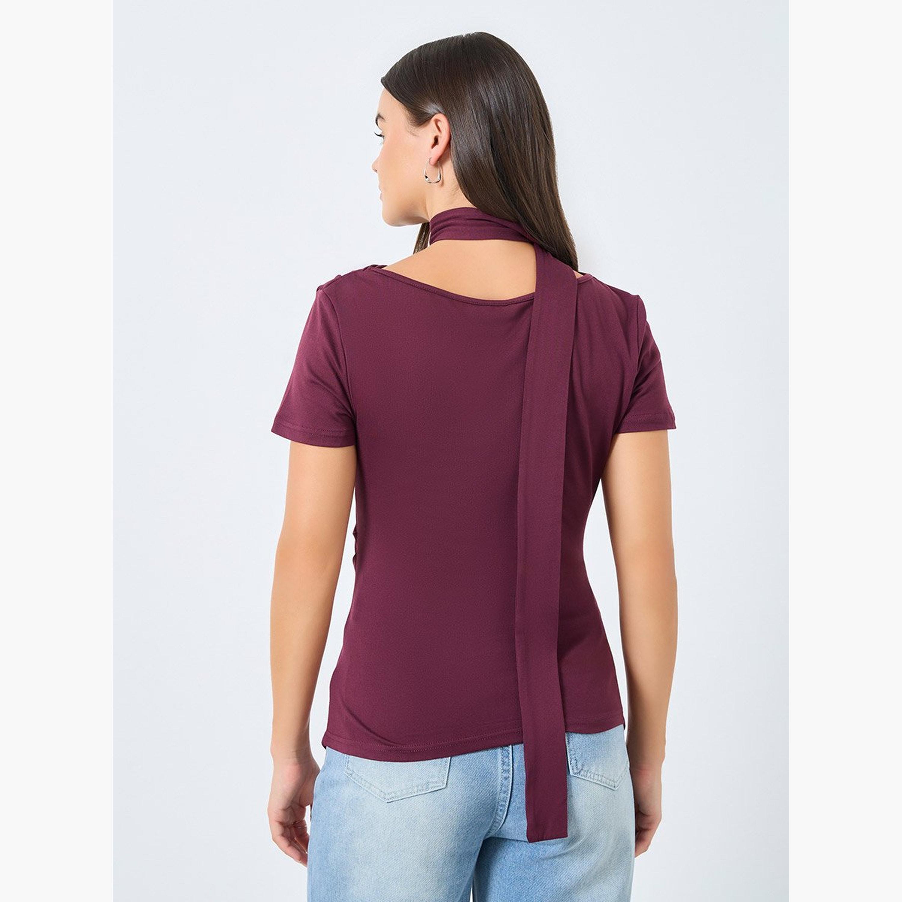 ستايلي - بلوزة محبوكة لون عنابي مع تفاصيل ربطة عنق-women-clothing-tshirts-image-4