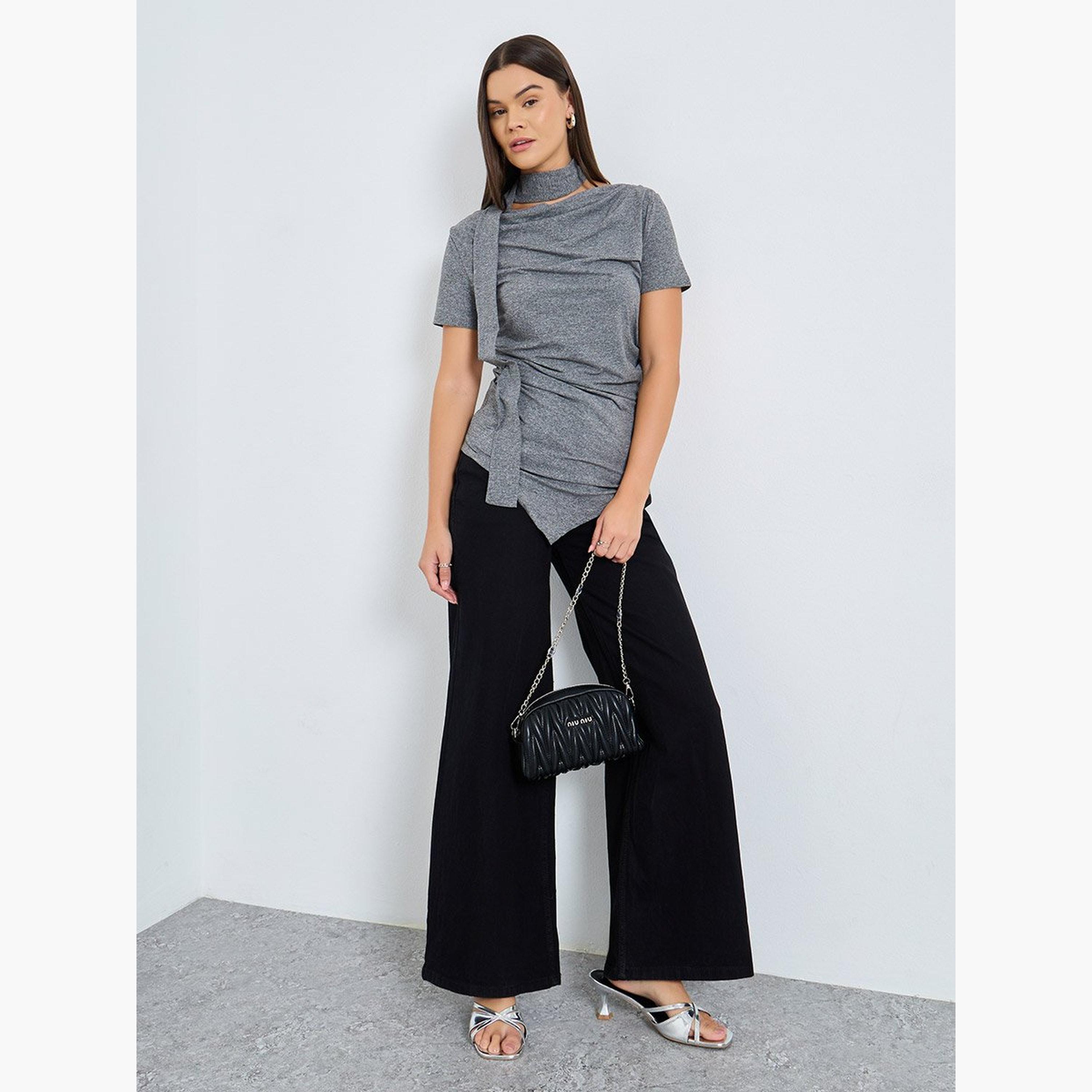 Styli Grey Knit Top with Tie Neck Detail-women-clothing-tshirts-image-2