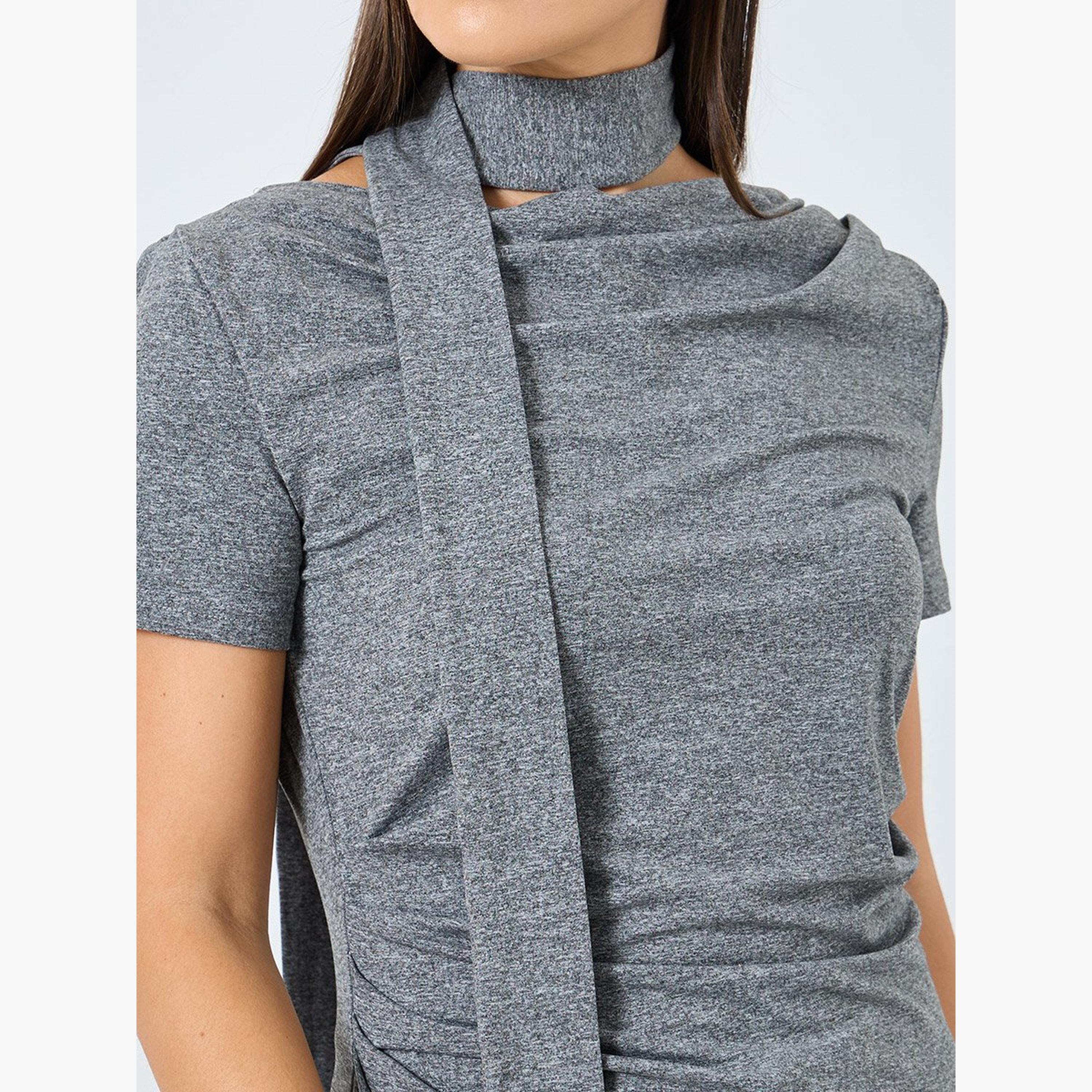 Styli Grey Knit Top with Tie Neck Detail-women-clothing-tshirts-image-3