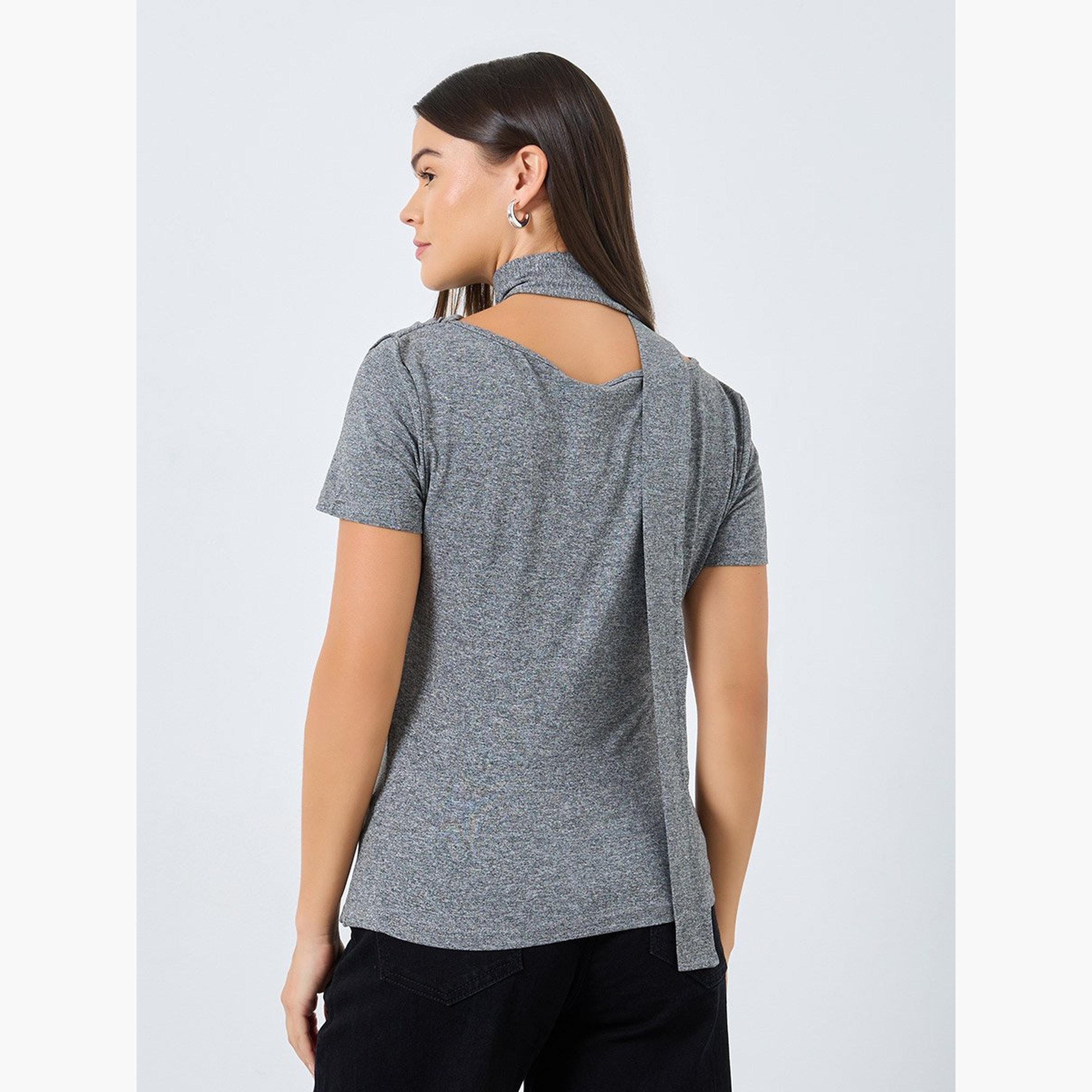 Styli Grey Knit Top with Tie Neck Detail-women-clothing-tshirts-image-4