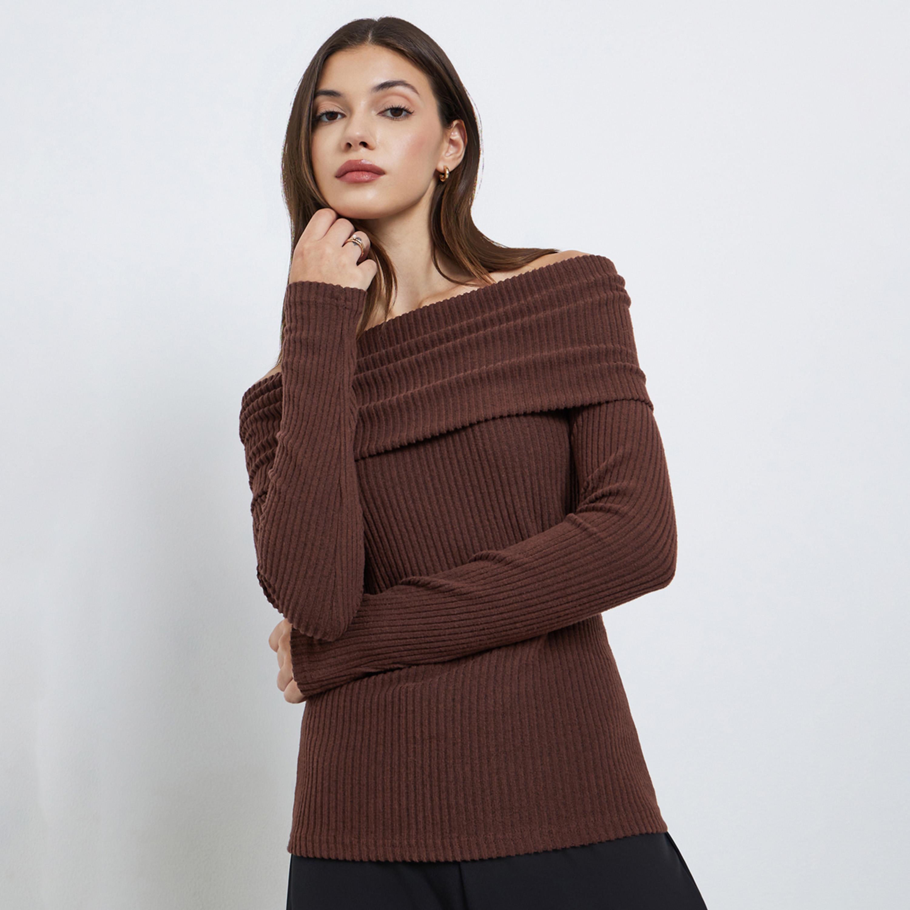 Styli Rust Ribbed Off-Shoulder Knit Top-women-clothing-tshirts-image-1