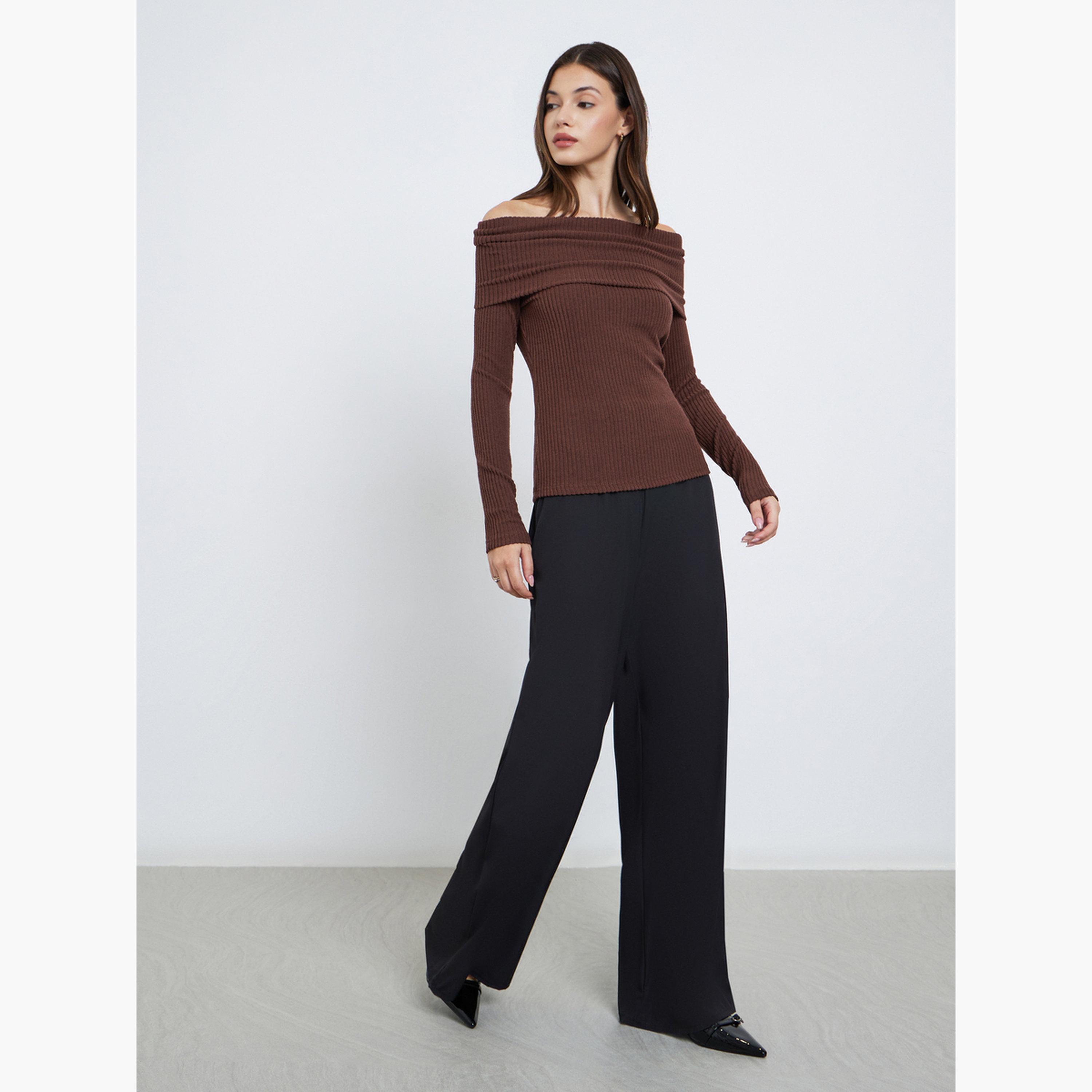 Styli Rust Ribbed Off-Shoulder Knit Top-women-clothing-tshirts-image-2