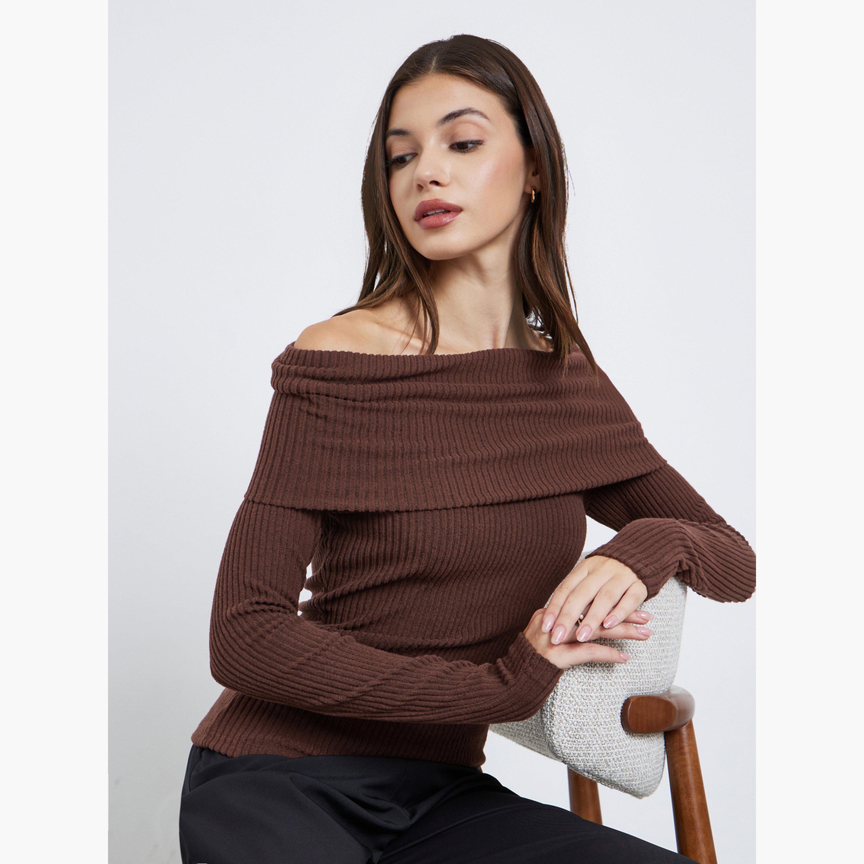 Styli Rust Ribbed Off-Shoulder Knit Top-women-clothing-tshirts-image-3