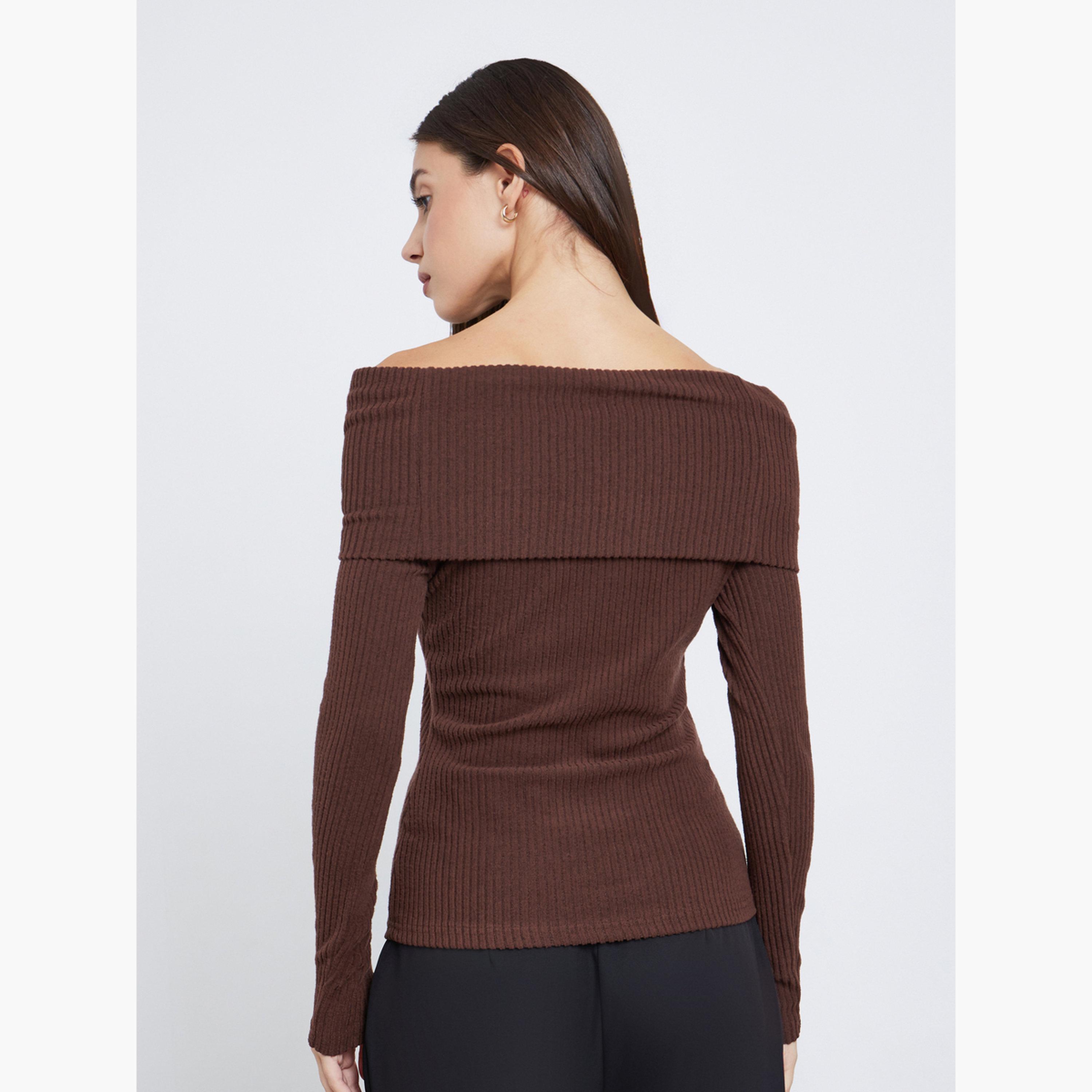 Styli Rust Ribbed Off-Shoulder Knit Top-women-clothing-tshirts-image-5
