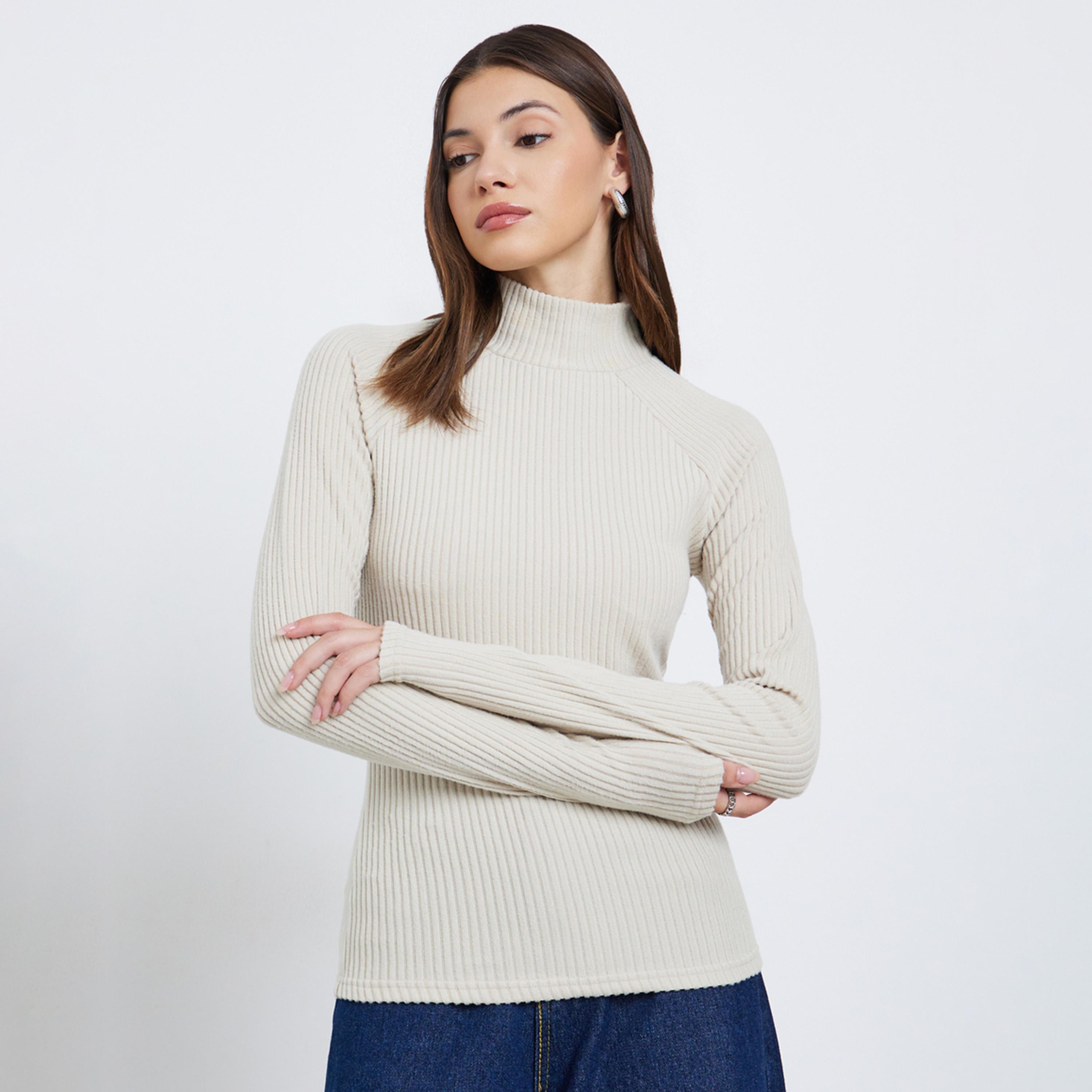 Styli Off White Ribbed High Neck Knit Top-women-clothing-tshirts-image-1