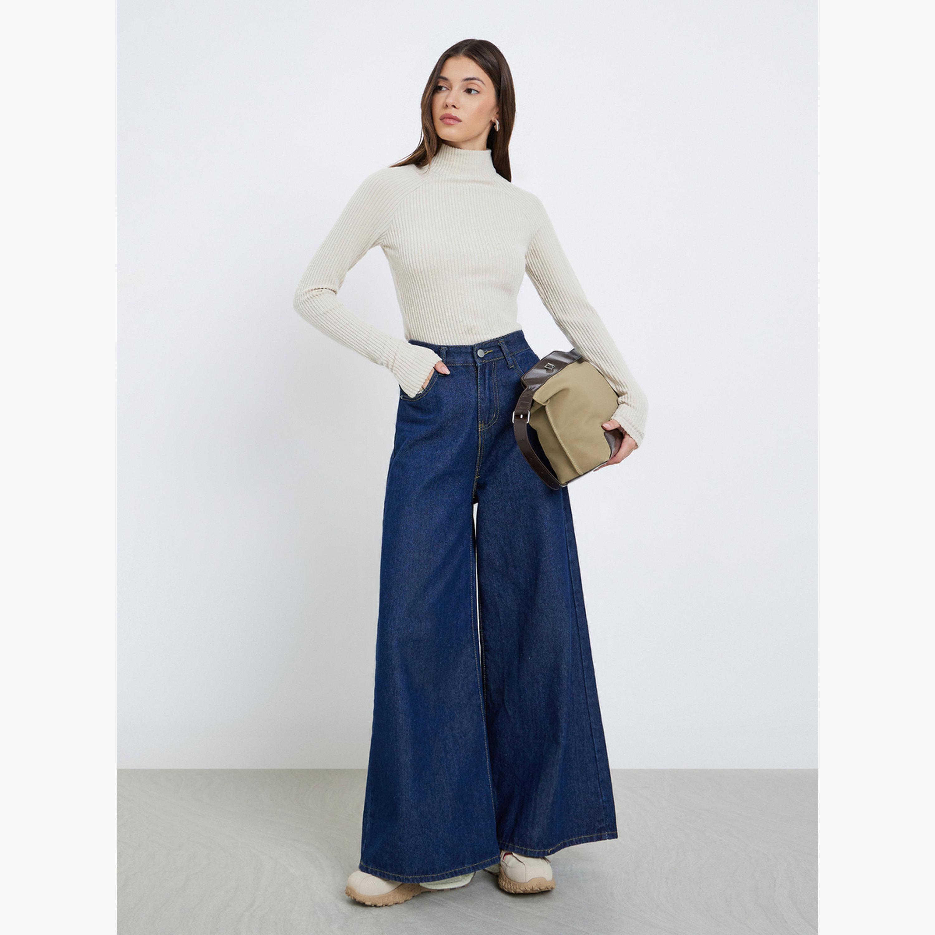 Styli Off White Ribbed High Neck Knit Top-women-clothing-tshirts-image-2