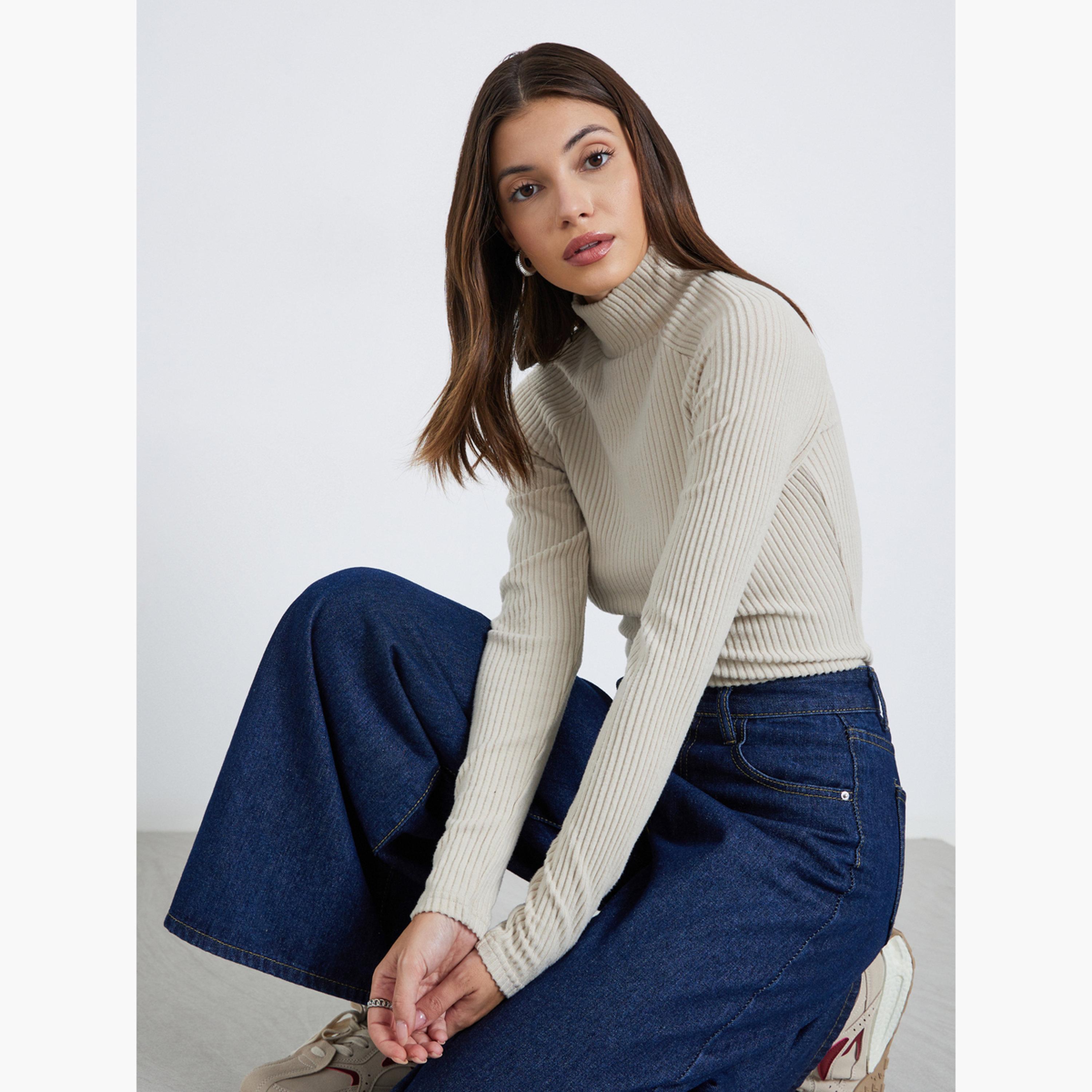 Styli Off White Ribbed High Neck Knit Top-women-clothing-tshirts-image-3