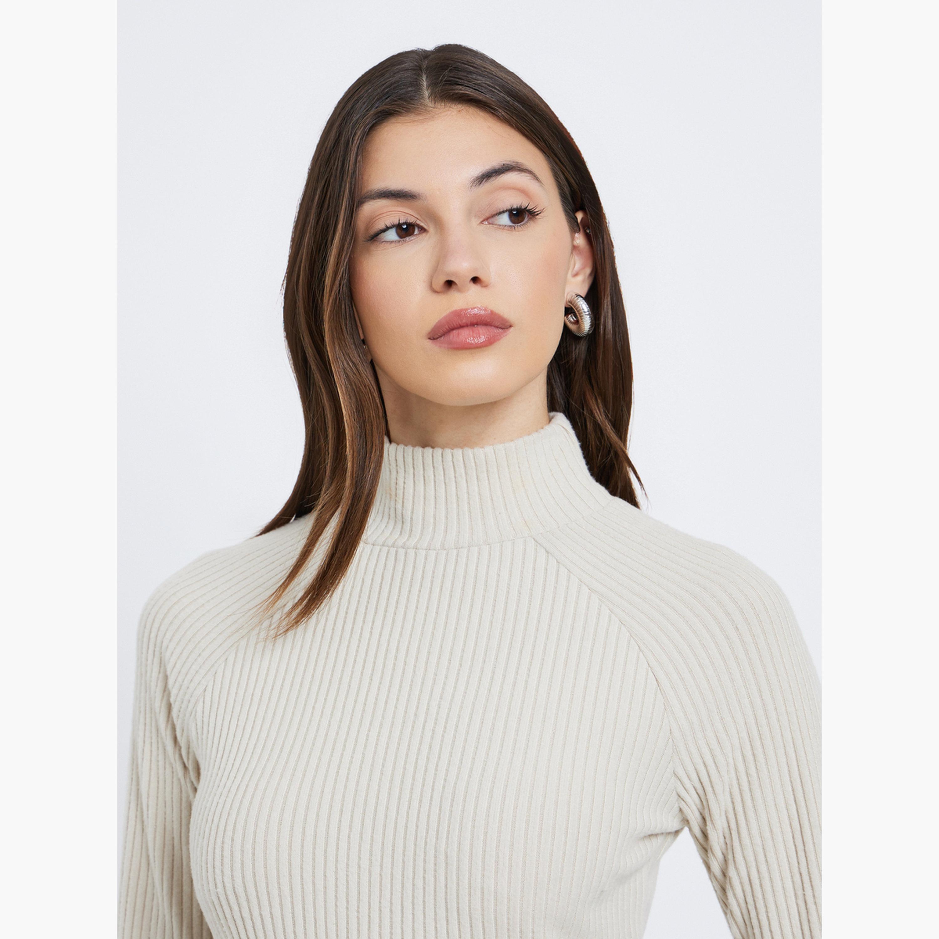 Styli Off White Ribbed High Neck Knit Top-women-clothing-tshirts-image-4