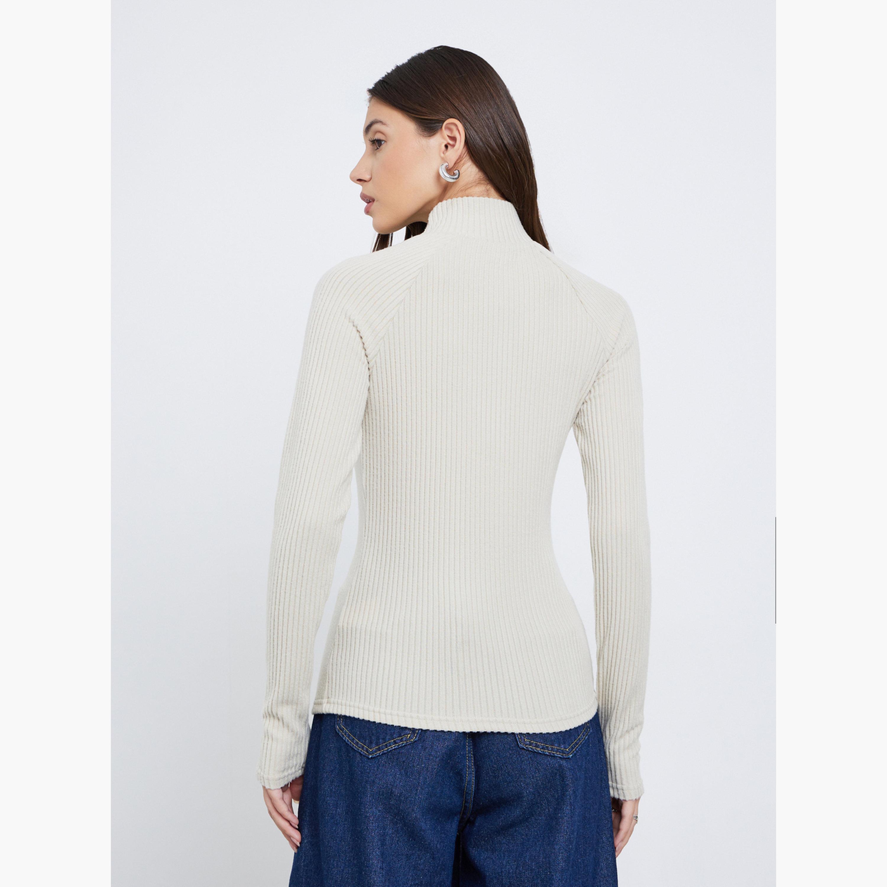 Styli Off White Ribbed High Neck Knit Top-women-clothing-tshirts-image-5