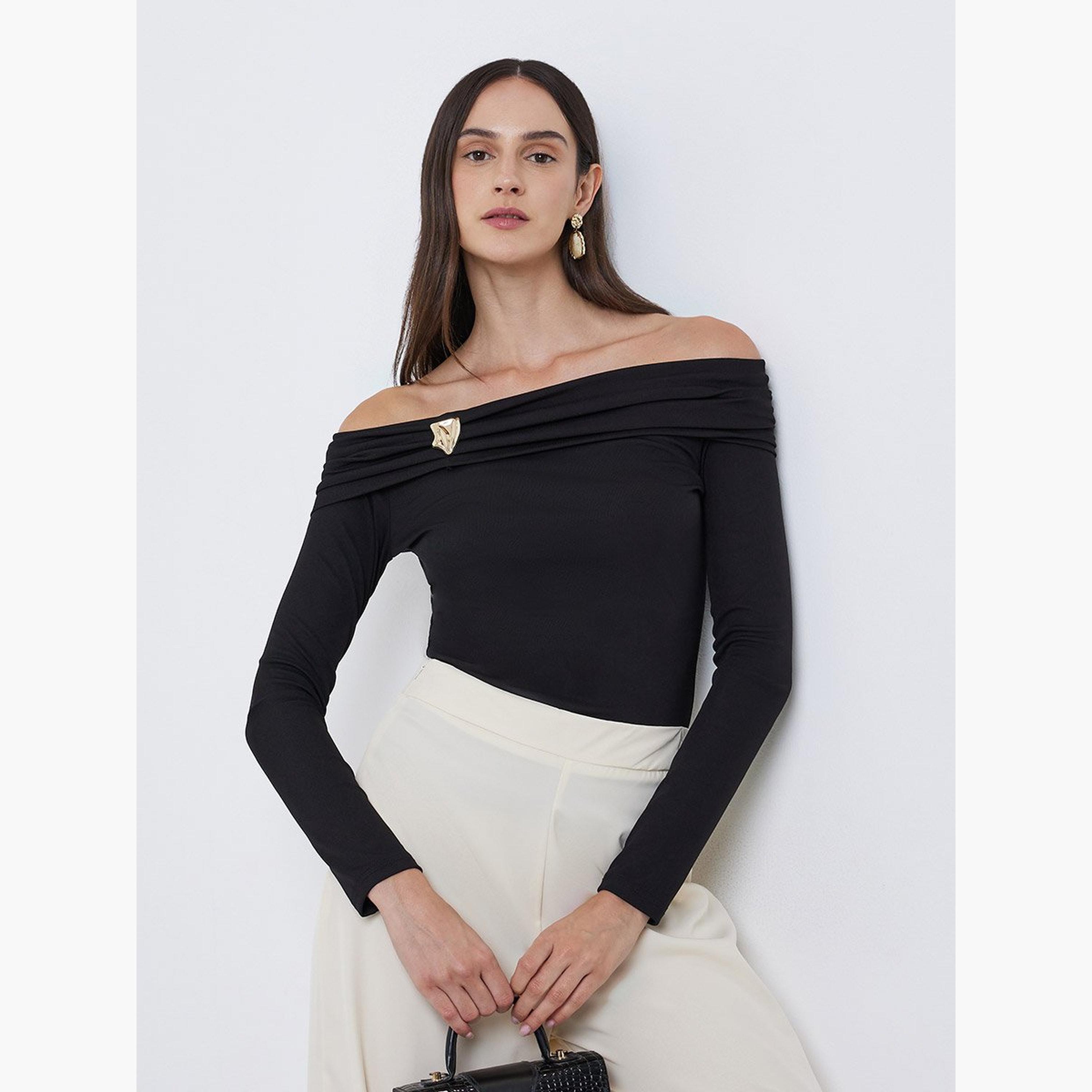 Styli Black Off-Shoulder Long Sleeve Knit Top-women-clothing-tshirts-image-1