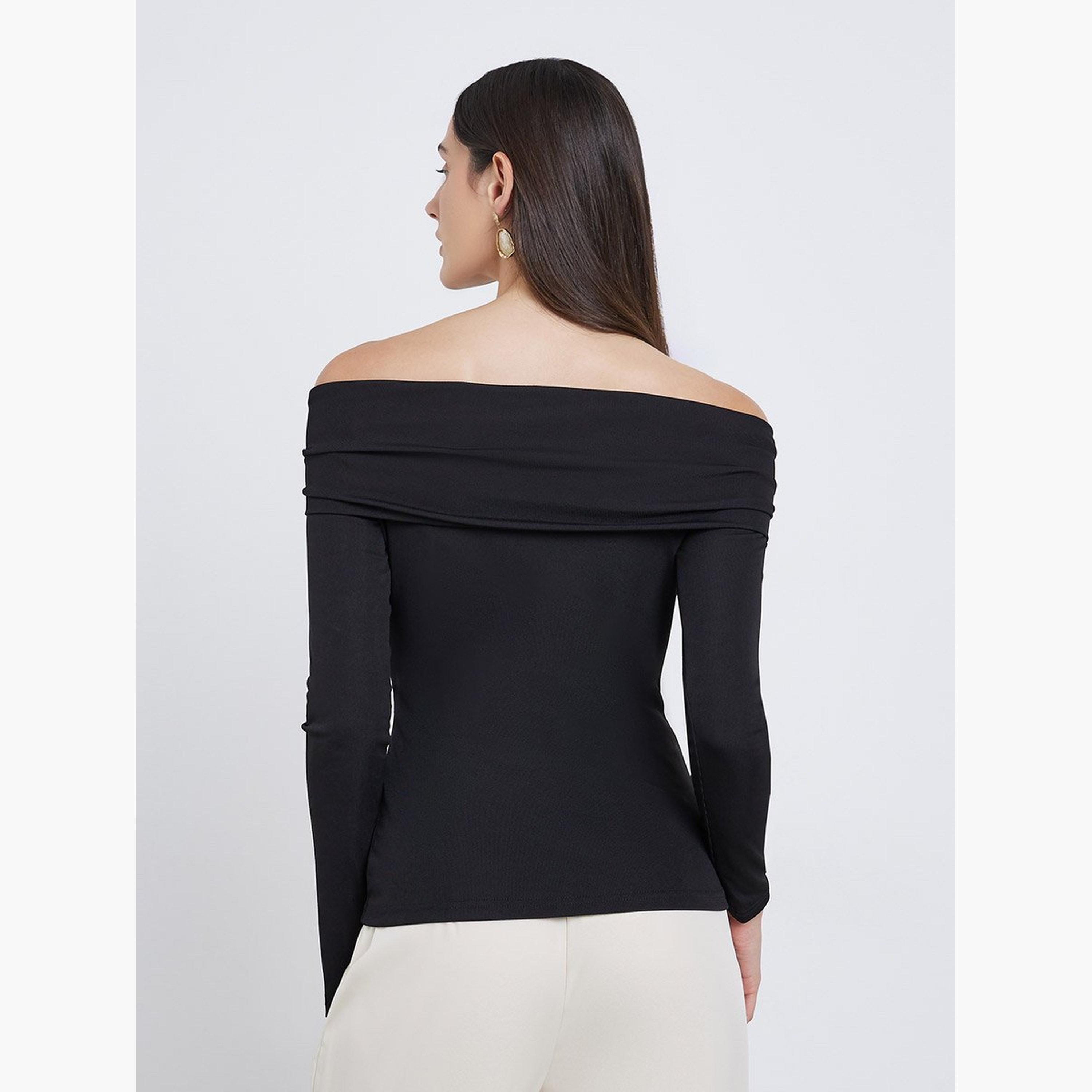 Styli Black Off-Shoulder Long Sleeve Knit Top-women-clothing-tshirts-image-5
