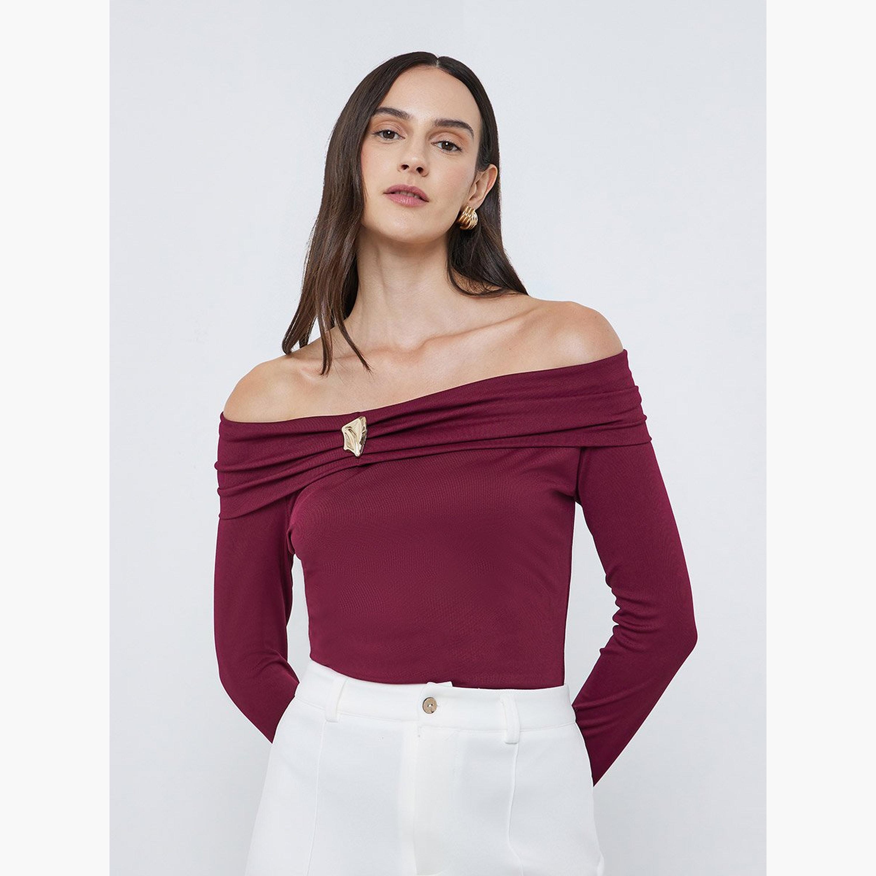 Styli Burgundy Off-Shoulder Long Sleeve Knit Top-women-clothing-tshirts-image-1